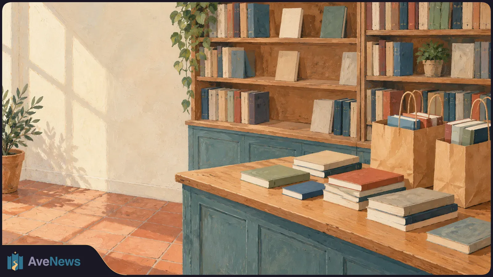 Painted bookstore interior with shelves of books, stacks on a wooden counter, and two paper bags filled with books. SI illustration