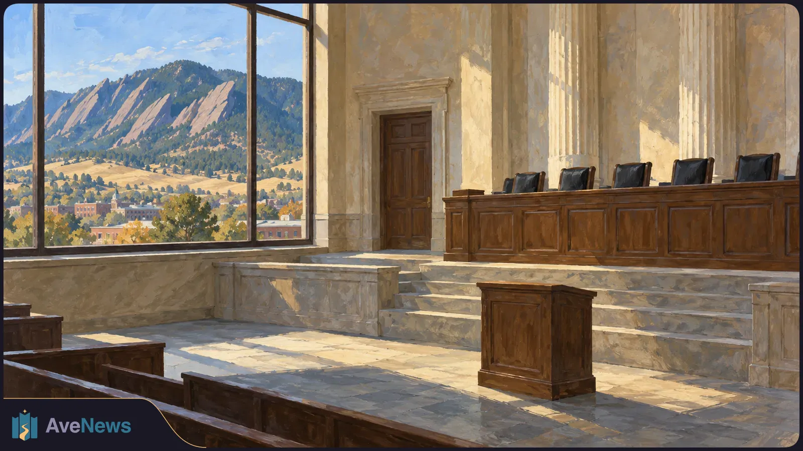 Painted empty courtroom with wooden benches and judges’ chairs; sunlight falls through tall windows overlooking Boulder’s Flatirons. SI illustration