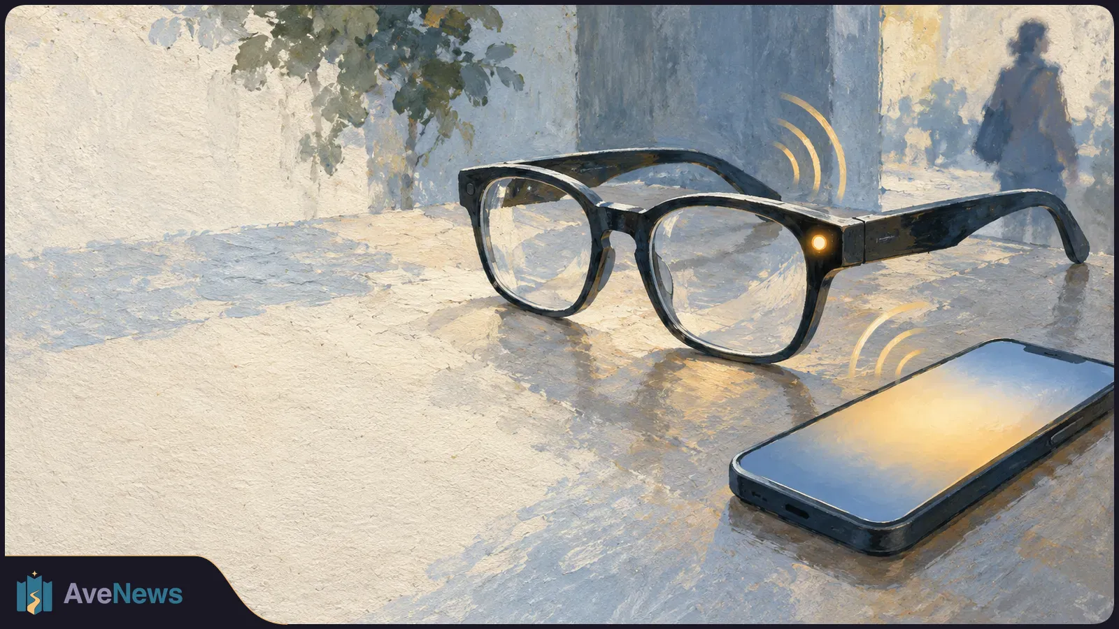 Illustration of black glasses with a glowing light on the frame beside a smartphone. Curved signal lines appear near both devices, with a blurred person in the background. SI illustration