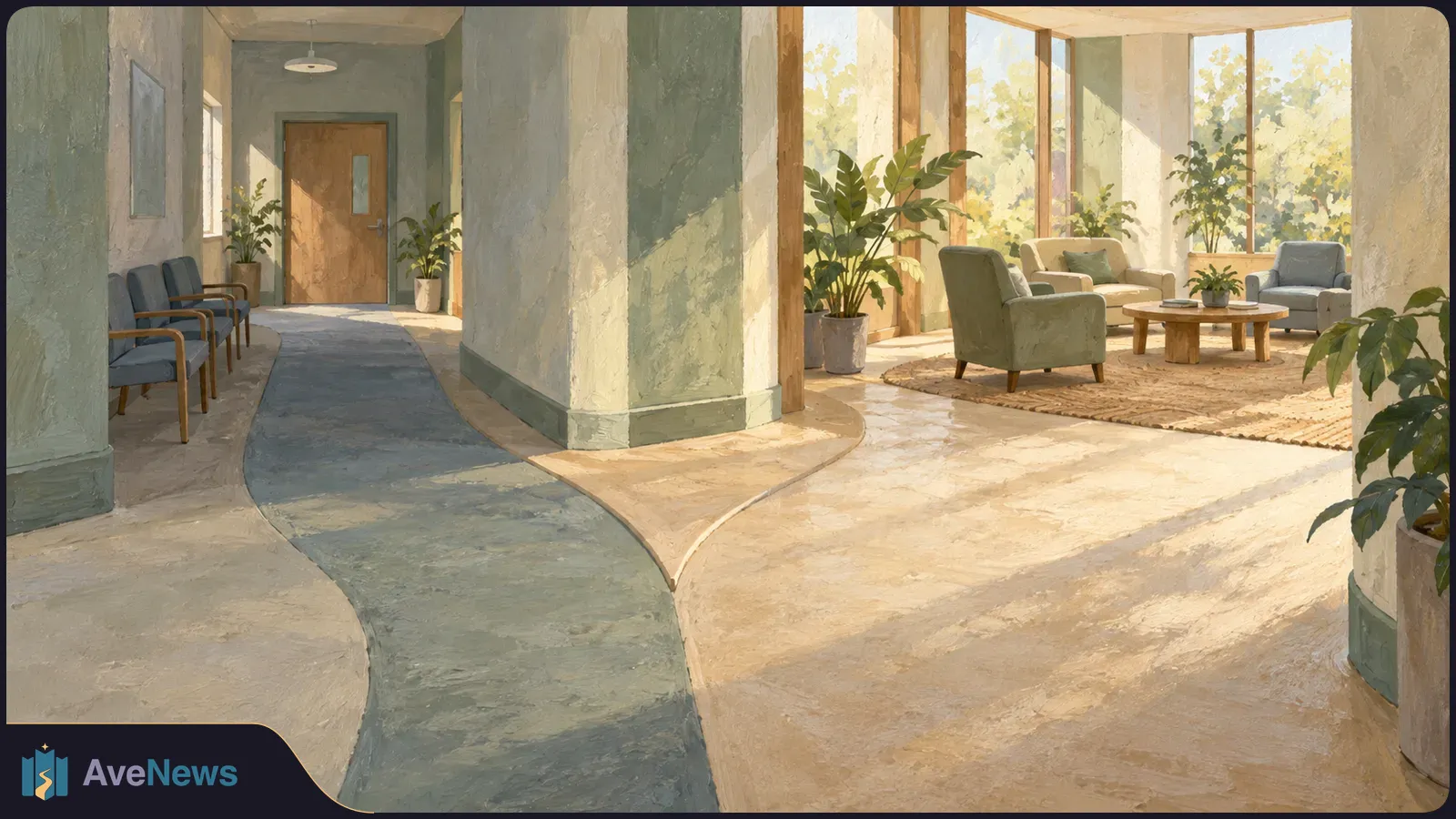 Painterly illustration of an empty interior: a curved blue path passes waiting chairs toward a closed door, while a sunlit seating area with armchairs, a sofa and plants opens to the right. SI illustration