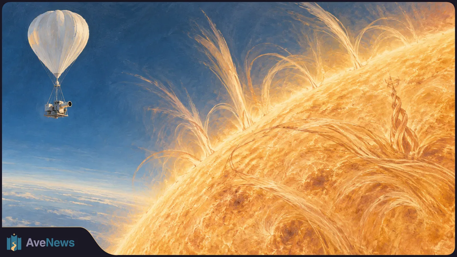 A painted white balloon carries an instrument beside the Sun’s glowing surface, where bright arcs and wispy plumes rise against a blue backdrop. SI illustration