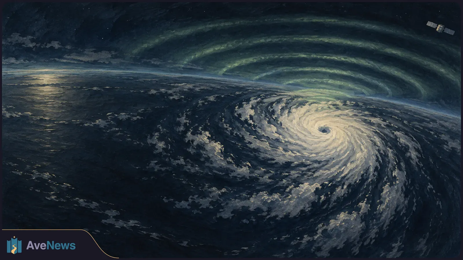 Painted view of a swirling hurricane from above, with faint green ripples arching over Earth and a small satellite in the upper right. SI illustration