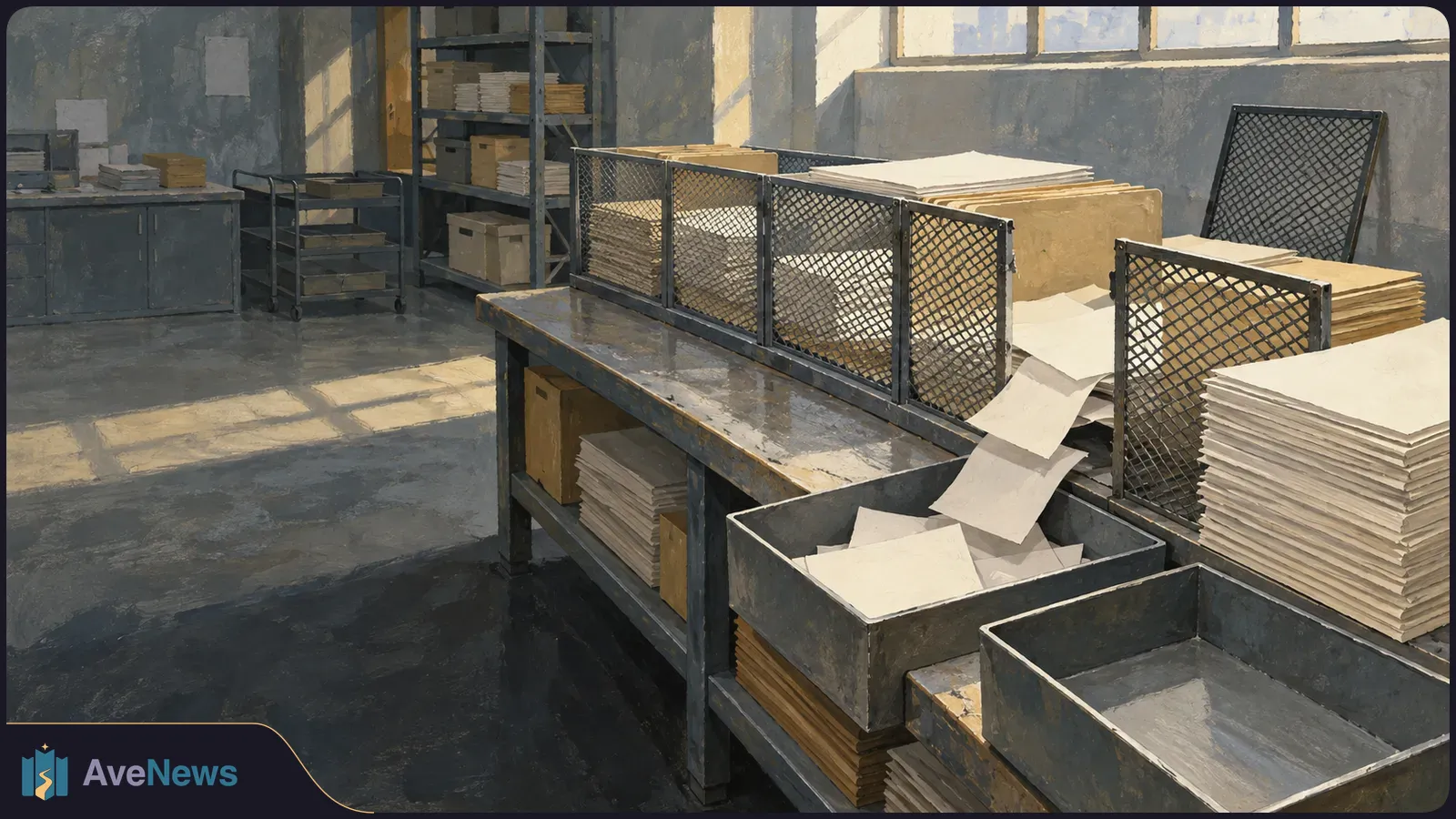 A painted, sunlit records room with metal sorting tables, mesh dividers, trays, and stacks of blank papers and folders. SI illustration