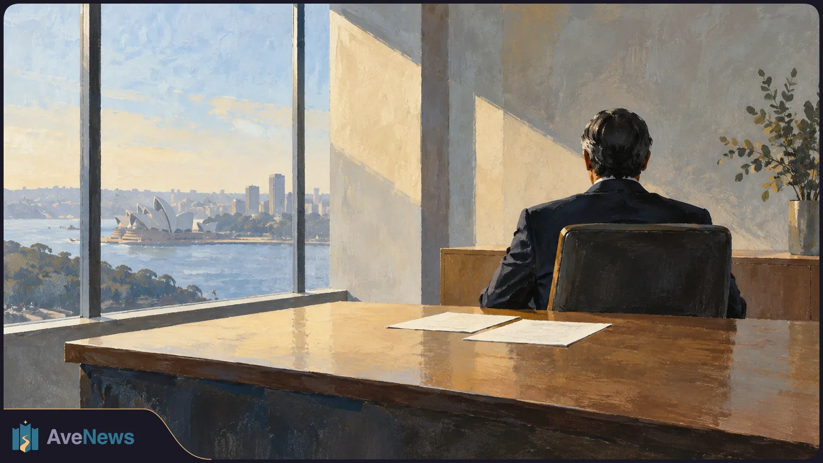 Painterly illustration of a person seen from behind at a desk with two sheets of paper, looking through large windows toward a harbor and the Sydney Opera House. SI illustration