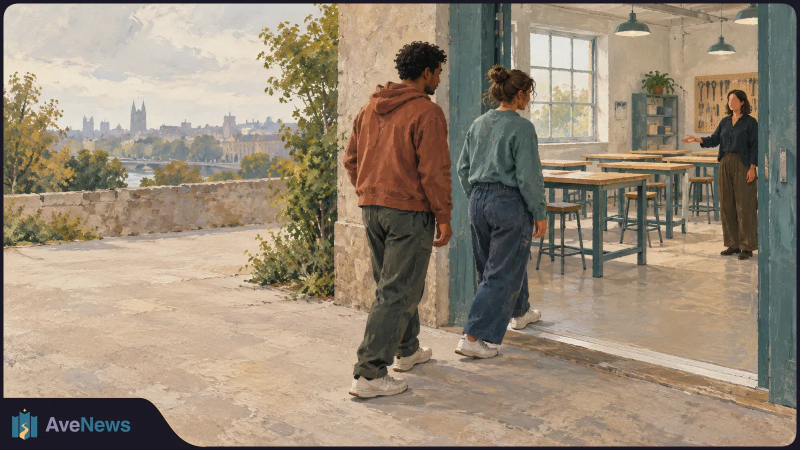 A painted scene of two people entering a room with worktables and stools, where a woman gestures toward them; a city skyline is visible beyond the courtyard. SI illustration
