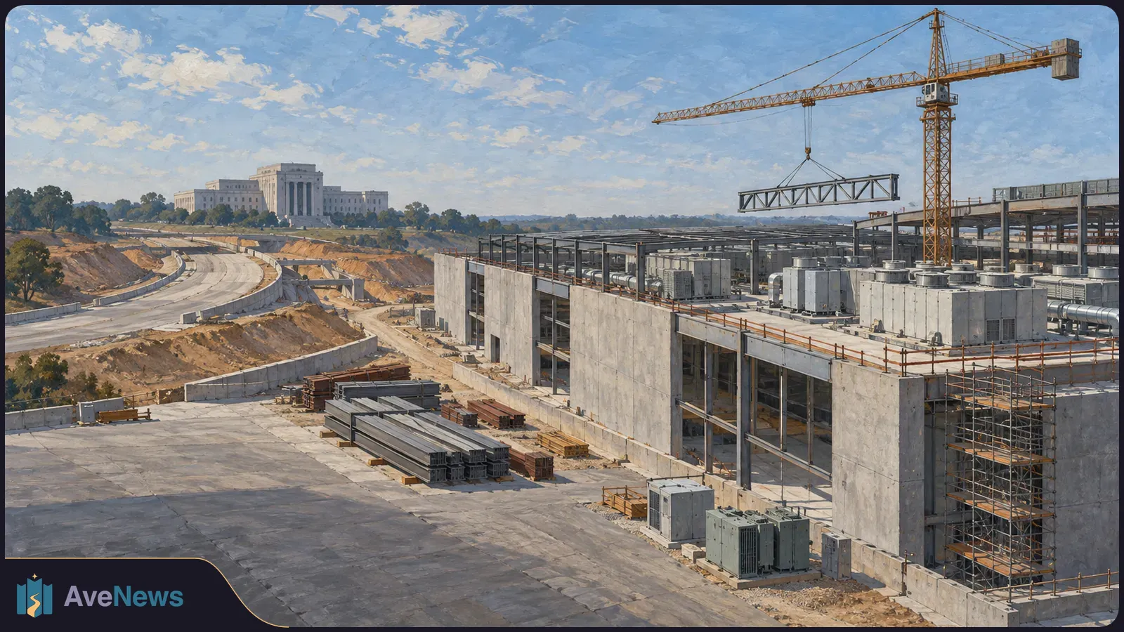 Painted view of a crane lifting a steel truss over a large building under construction, with a winding road and a distant stone building. SI illustration