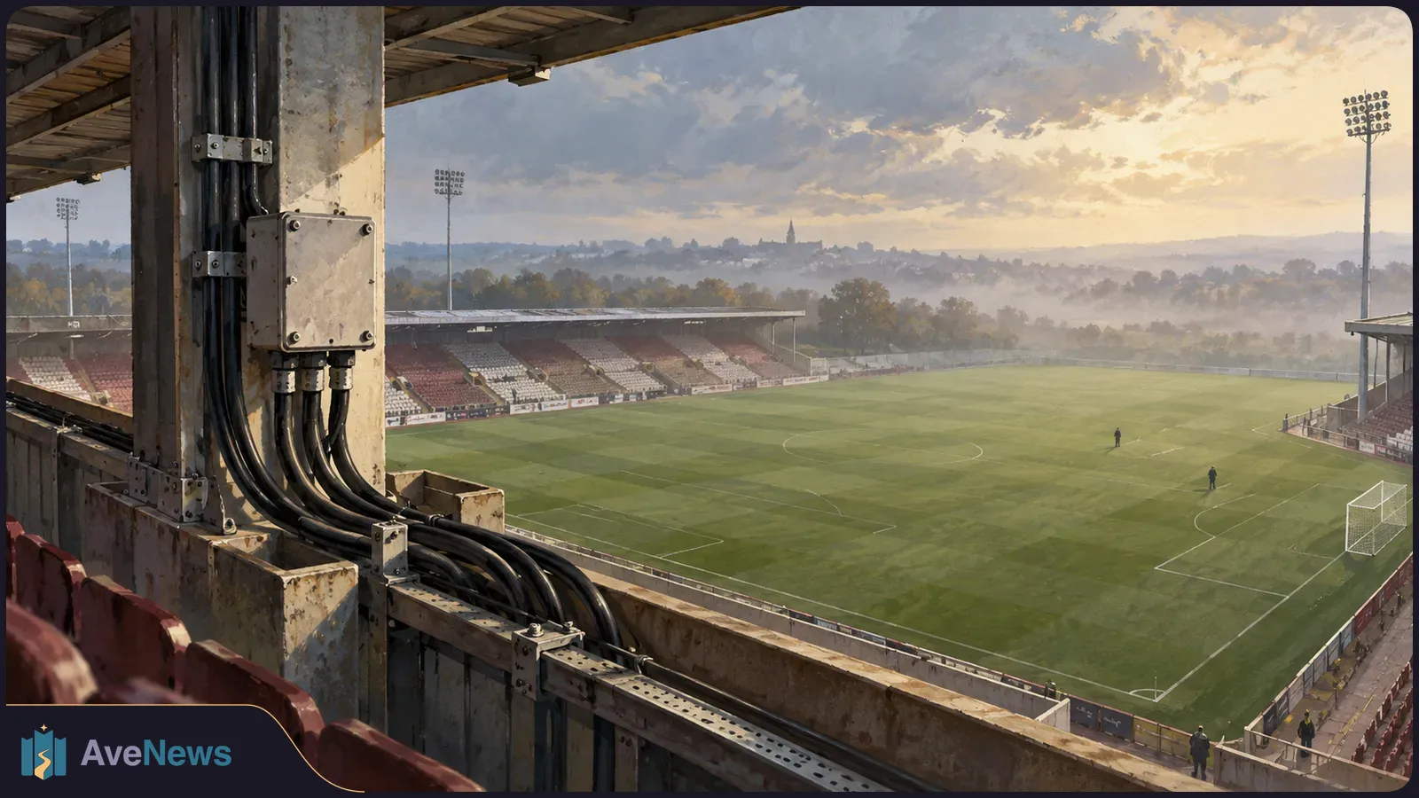 Illustrated view of a mostly empty football stadium at sunset, with a green pitch, red-and-white stands, and thick cables on a foreground pillar. SI illustration