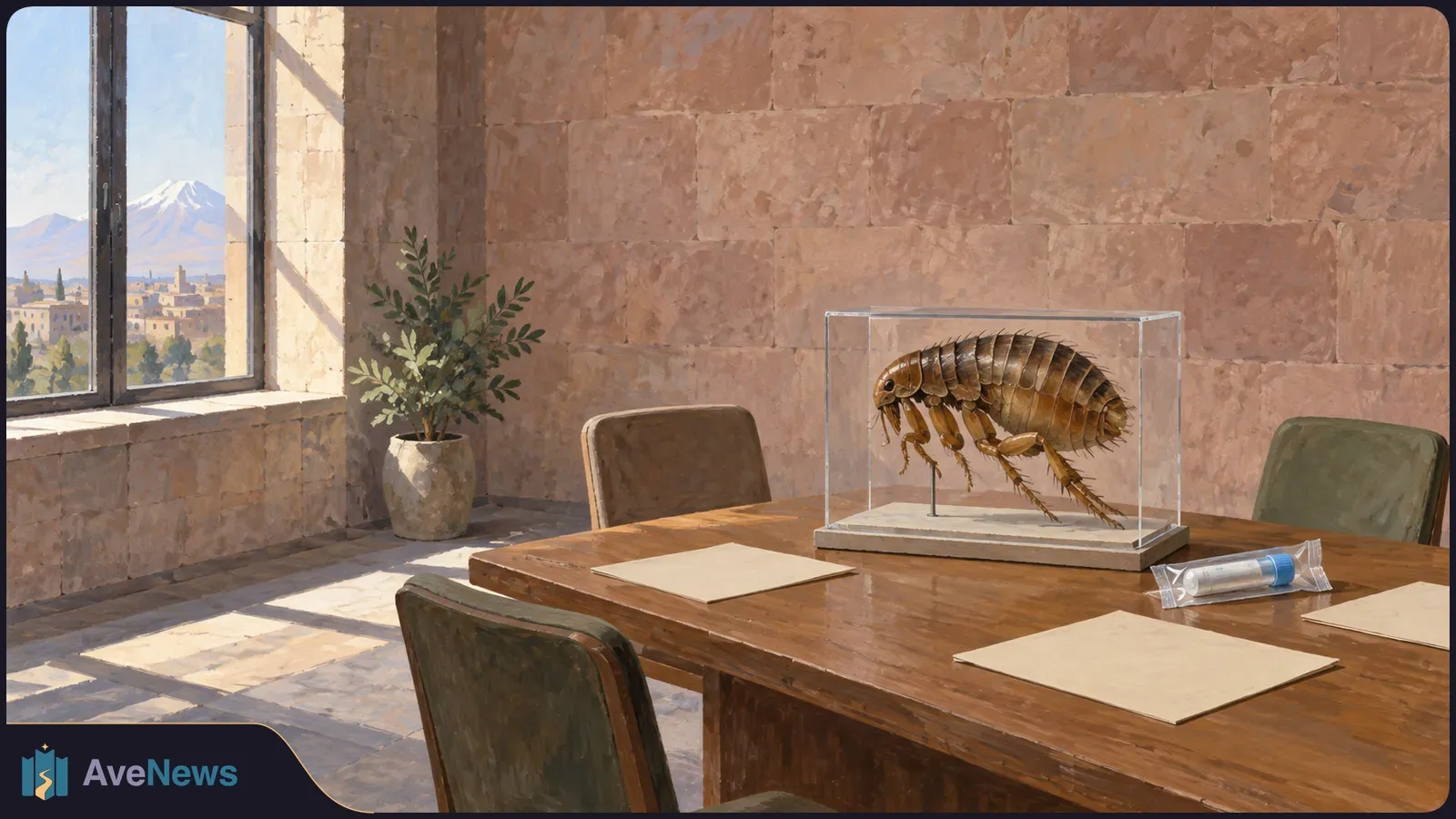 An oversized flea model sits in a clear case on a wooden table beside blank papers and a packaged tube. A mountain is visible through the window. SI illustration