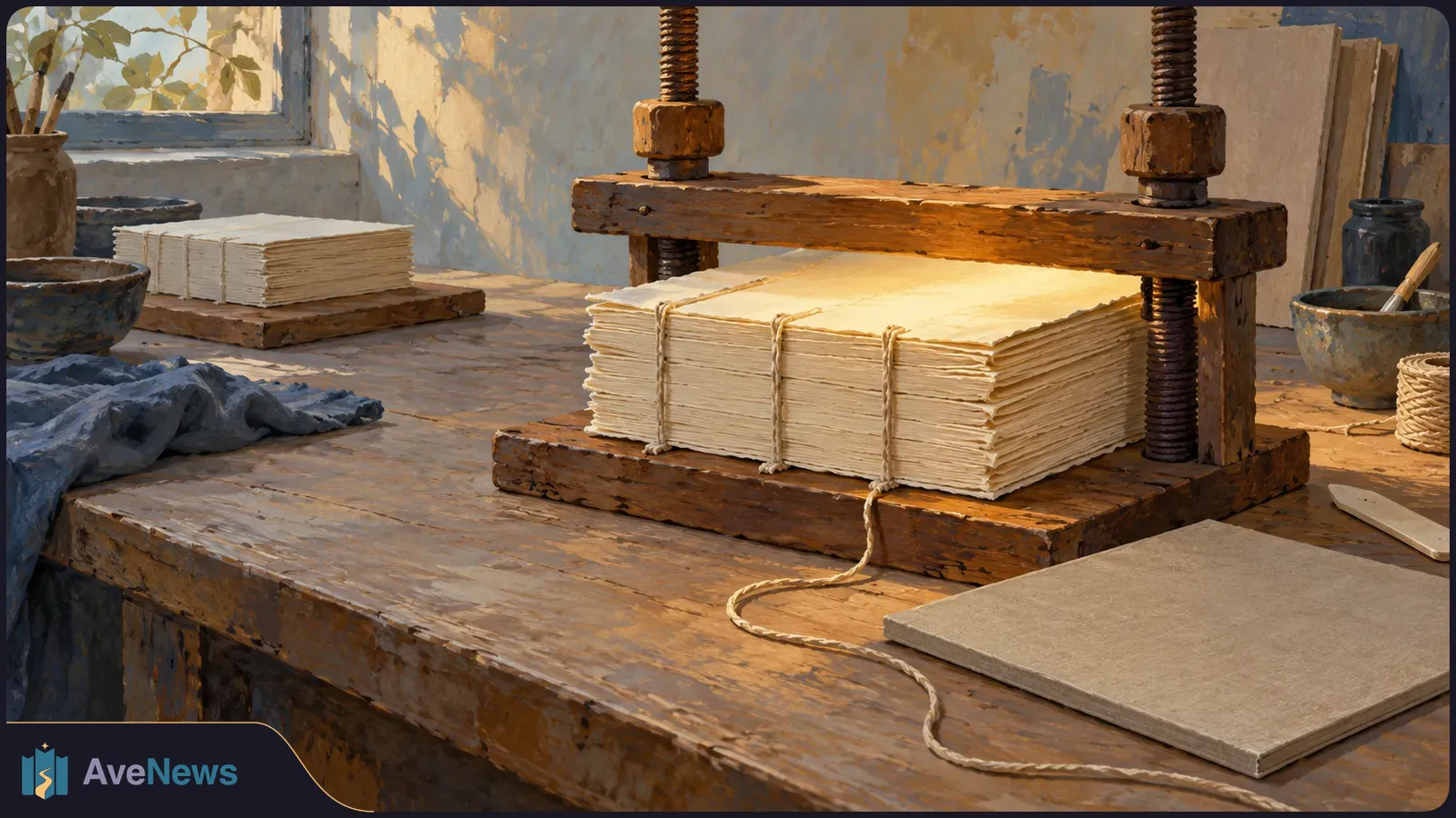 A thick stack of paper tied with string sits under a wooden screw press on a worktable, with more paper, bowls and cloth nearby. SI illustration