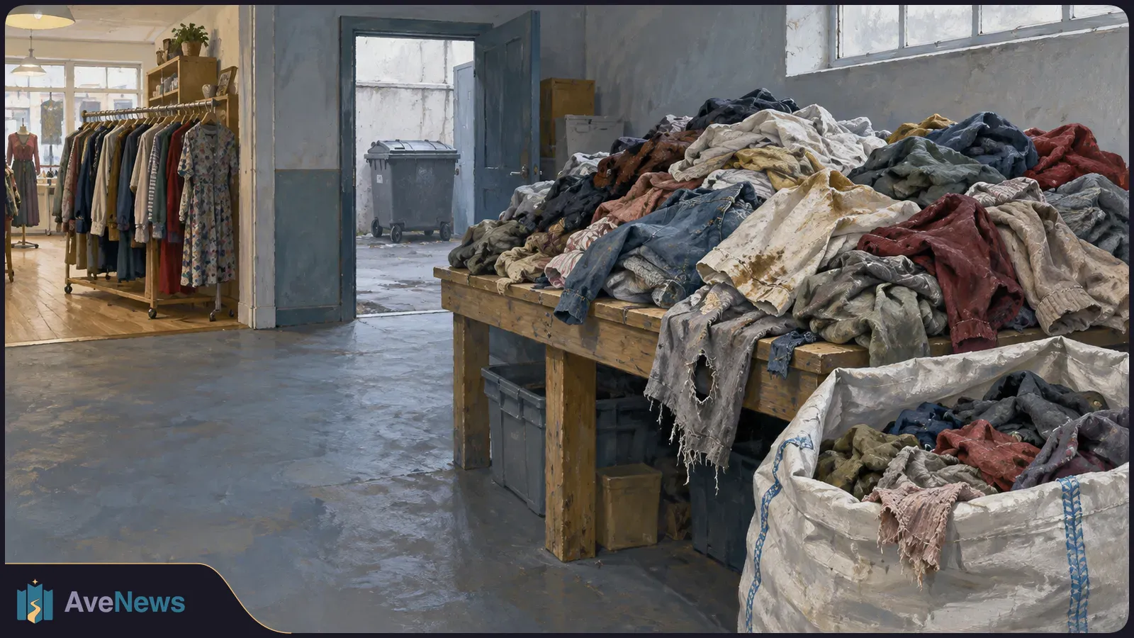 A heap of stained and torn clothes covers a wooden table beside a large sack. Garments hang on racks in an adjoining shop, and a wheeled bin is visible through an open door. SI illustration