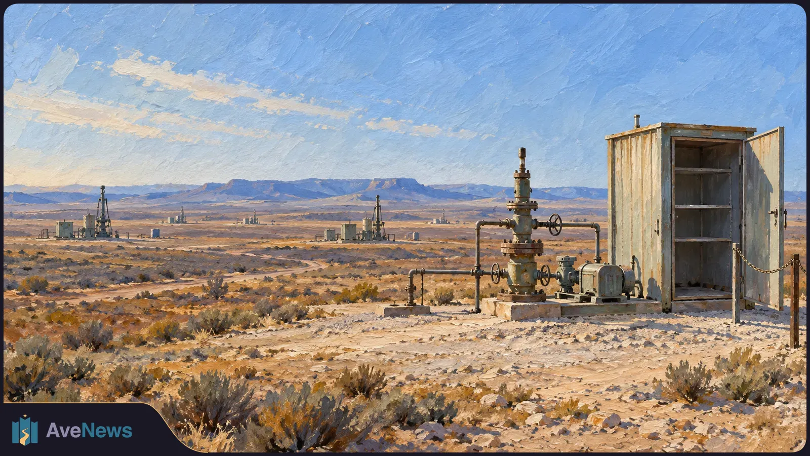 Painted desert oilfield with a wellhead, pipes and an open metal shed in the foreground, distant drilling equipment and mountains under a blue sky. SI illustration