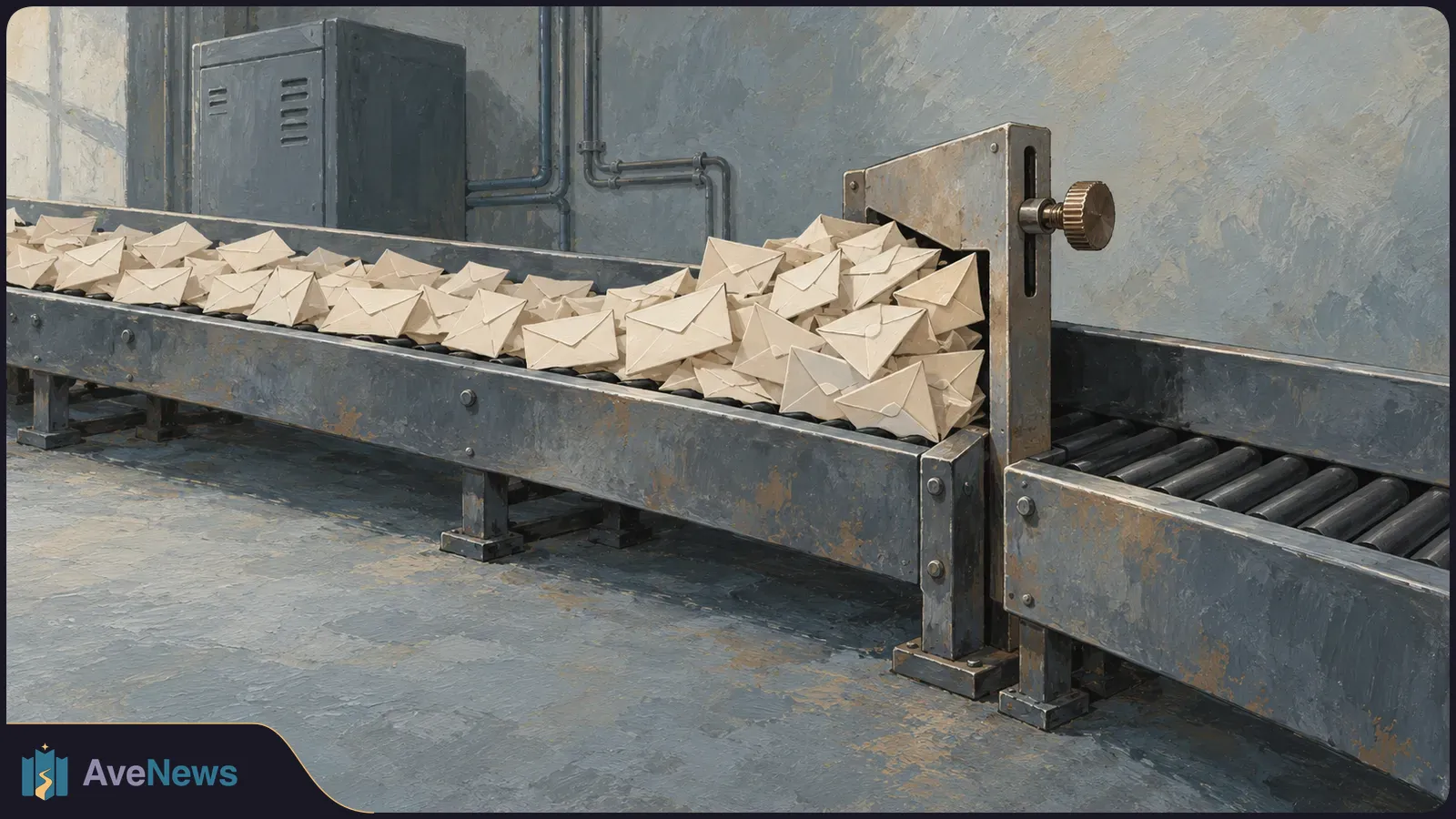 A painted industrial conveyor carries a pile of cream-colored envelopes toward a metal gate; an empty roller conveyor continues on the other side. SI illustration