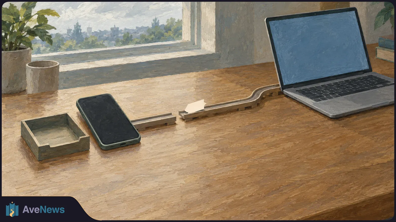 Painterly illustration of a phone and open laptop on a wooden desk, with a gap in a narrow track between them and a small white slip resting on the track. SI illustration