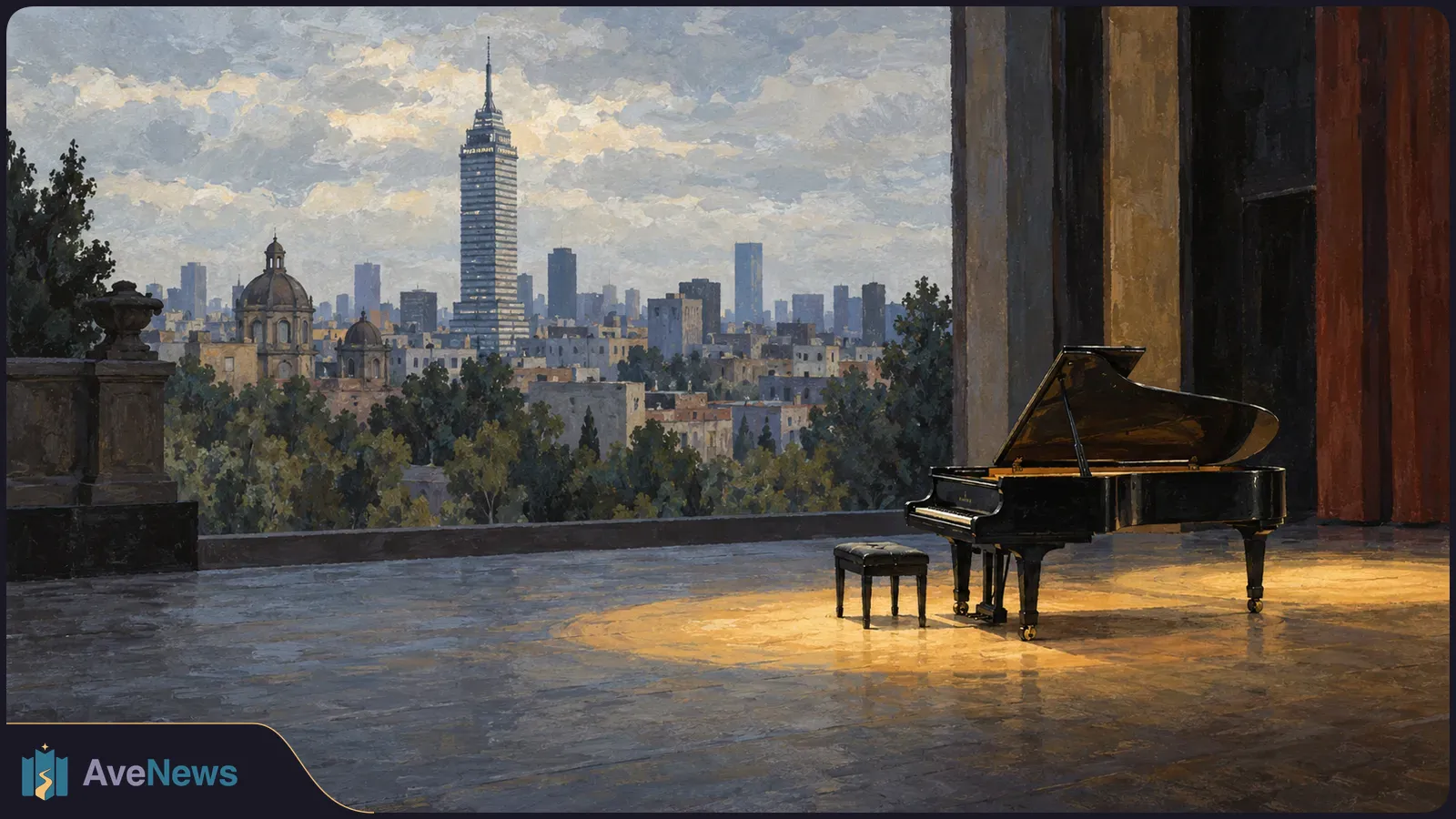Painted scene of a black grand piano and bench on a warmly lit stage, with trees, domed buildings and a tall spired tower in the city skyline behind them. SI illustration