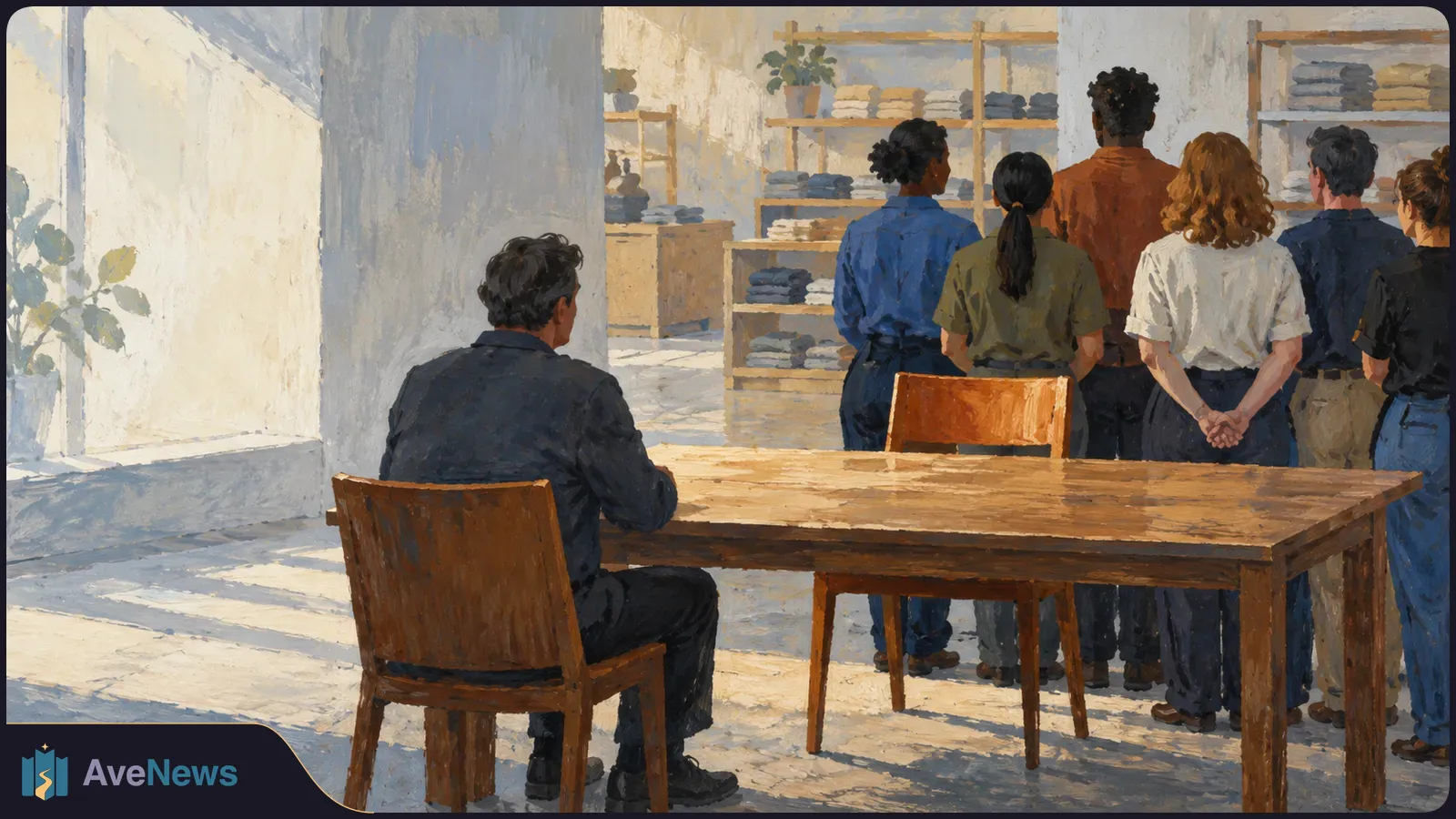 Painterly illustration of a person seated at a wooden table while a group stands facing shelves of folded clothes in a sunlit store. SI illustration