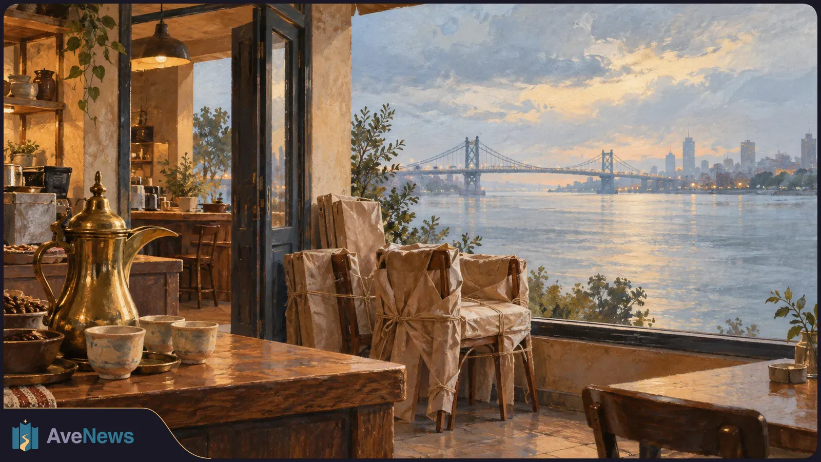 Painted café interior with a brass coffee pot and cups; chairs wrapped in paper sit beside an open doorway overlooking water, a bridge and a distant skyline. SI illustration