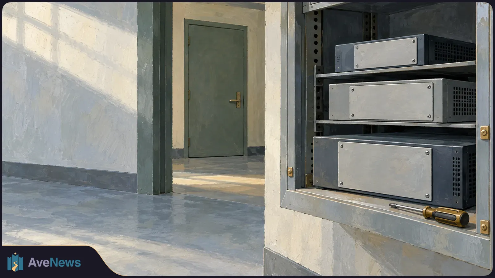 Three gray electronic units sit in an open rack beside a screwdriver. A closed door is visible across the sunlit hallway. SI illustration
