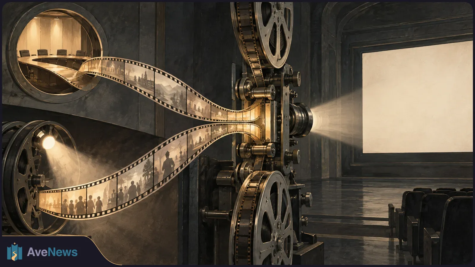 Two filmstrips converge at a vintage projector, which shines toward a blank cinema screen. A lit meeting room appears at left, with empty theater seats at right. SI illustration