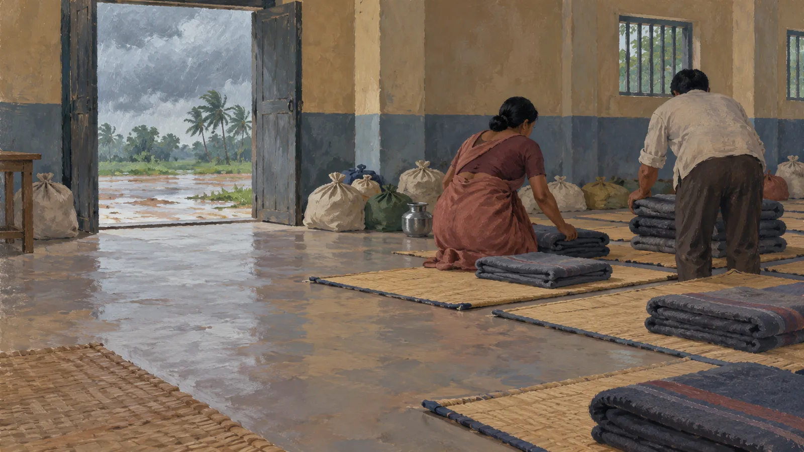 A woman and a man arrange folded blankets on woven mats in a room lined with bags. Through an open door, rain falls over a waterlogged landscape and palm trees. SI illustration