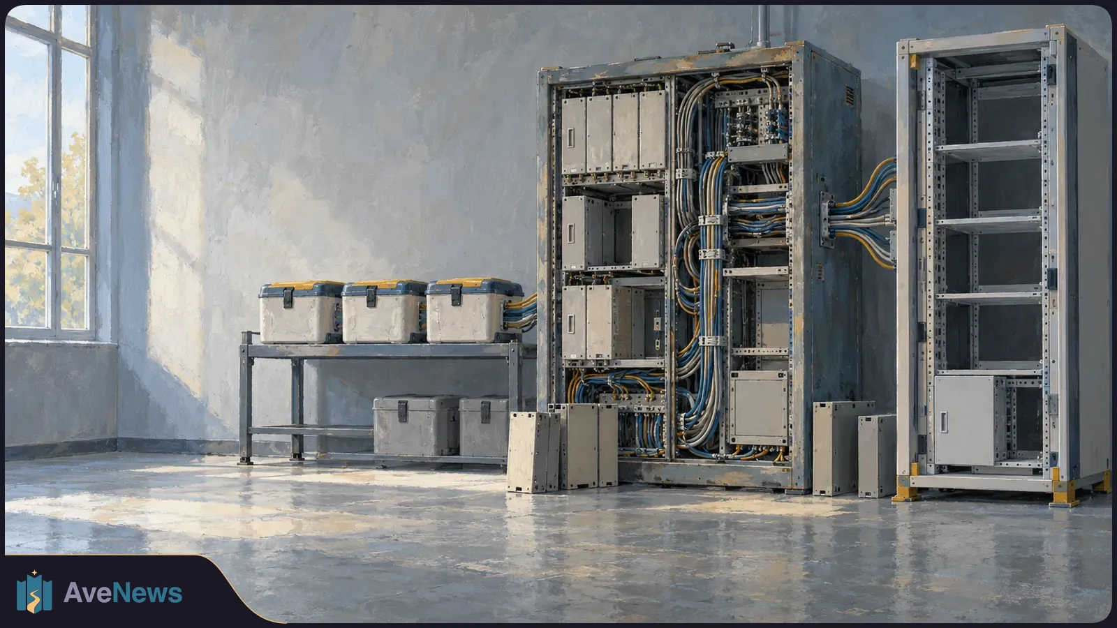 Painterly illustration of a wired equipment cabinet beside an empty cabinet, with storage cases on a bench in a sunlit room. SI illustration