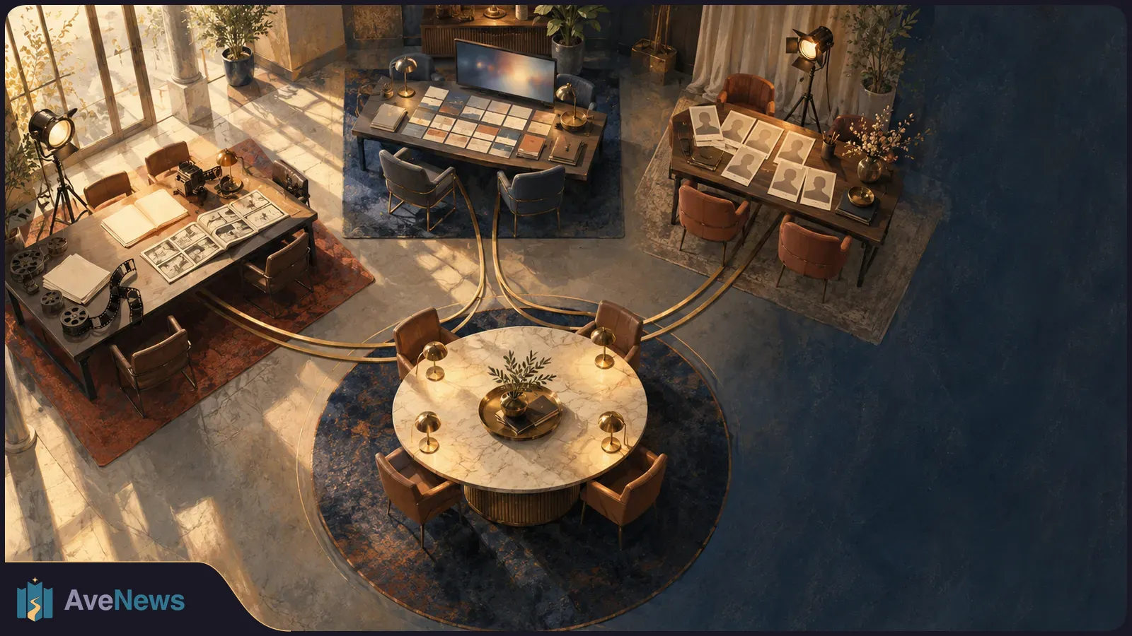 Overhead illustration of three worktables with film reels and storyboards, a screen and color swatches, and portrait sheets, linked by gold lines to a round meeting table. SI illustration