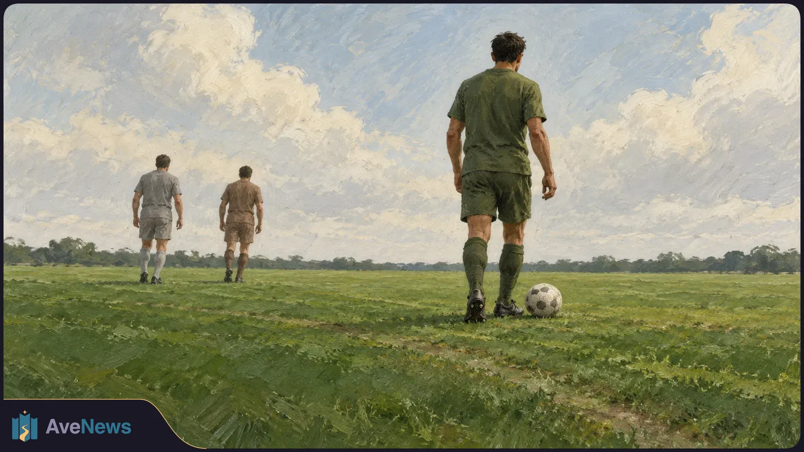 Painterly illustration of three players seen from behind on a grassy football field, with a ball beside the nearest player under a cloudy sky. SI illustration