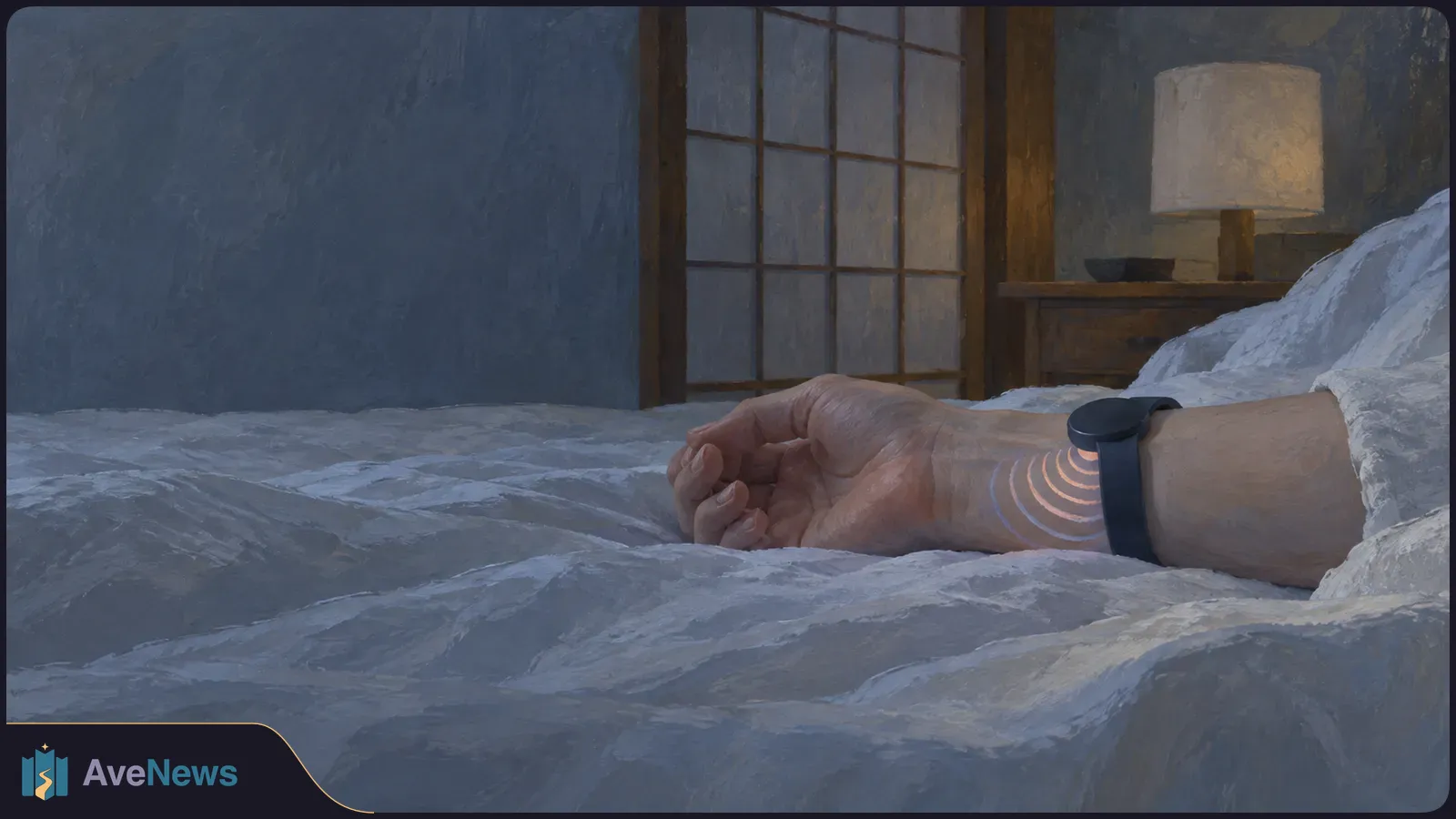 A hand rests on a white bed wearing a dark wrist tracker. Curved light rings cross the wrist; a lamp and window sit in the dim background. SI illustration