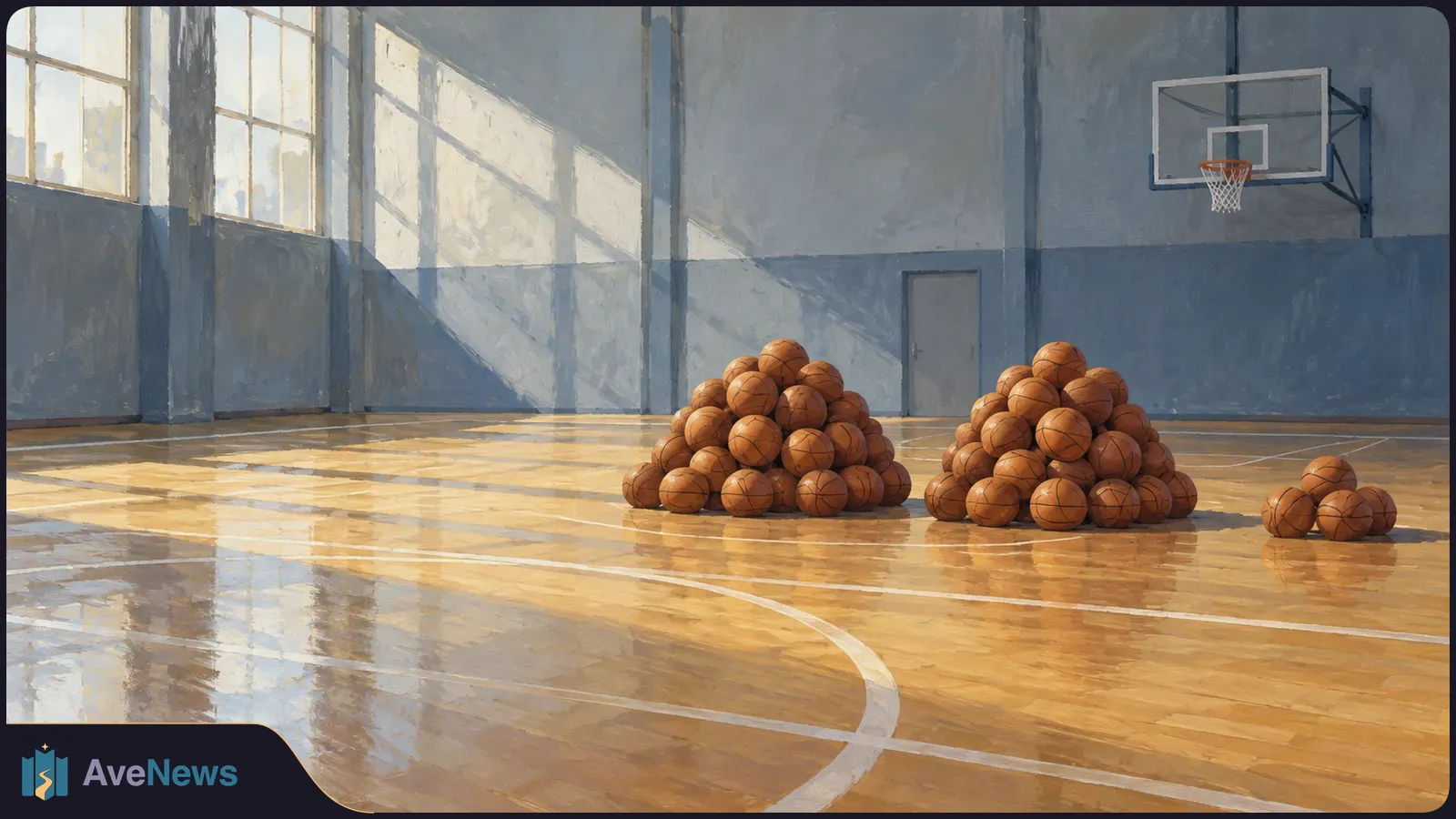 In an empty, sunlit basketball gym, two large piles of basketballs and a much smaller pile sit on the polished court beneath a hoop. SI illustration
