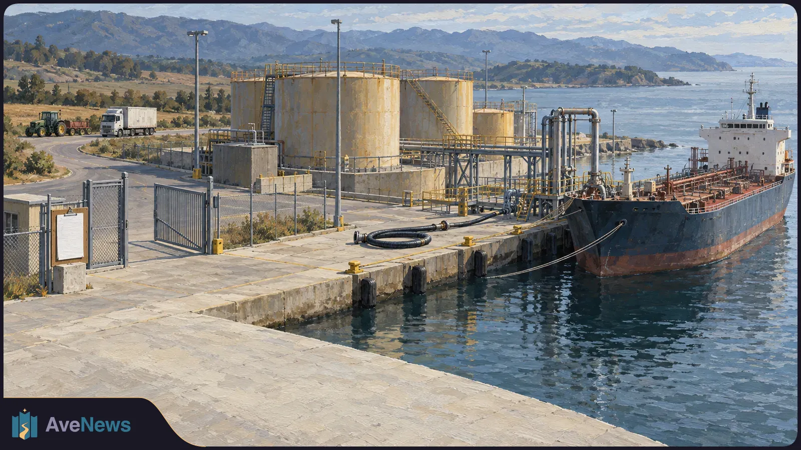 Painted harbor scene with a tanker beside storage tanks and pipes. A tractor and box truck are on a road behind the fenced terminal, with mountains across the water. SI illustration