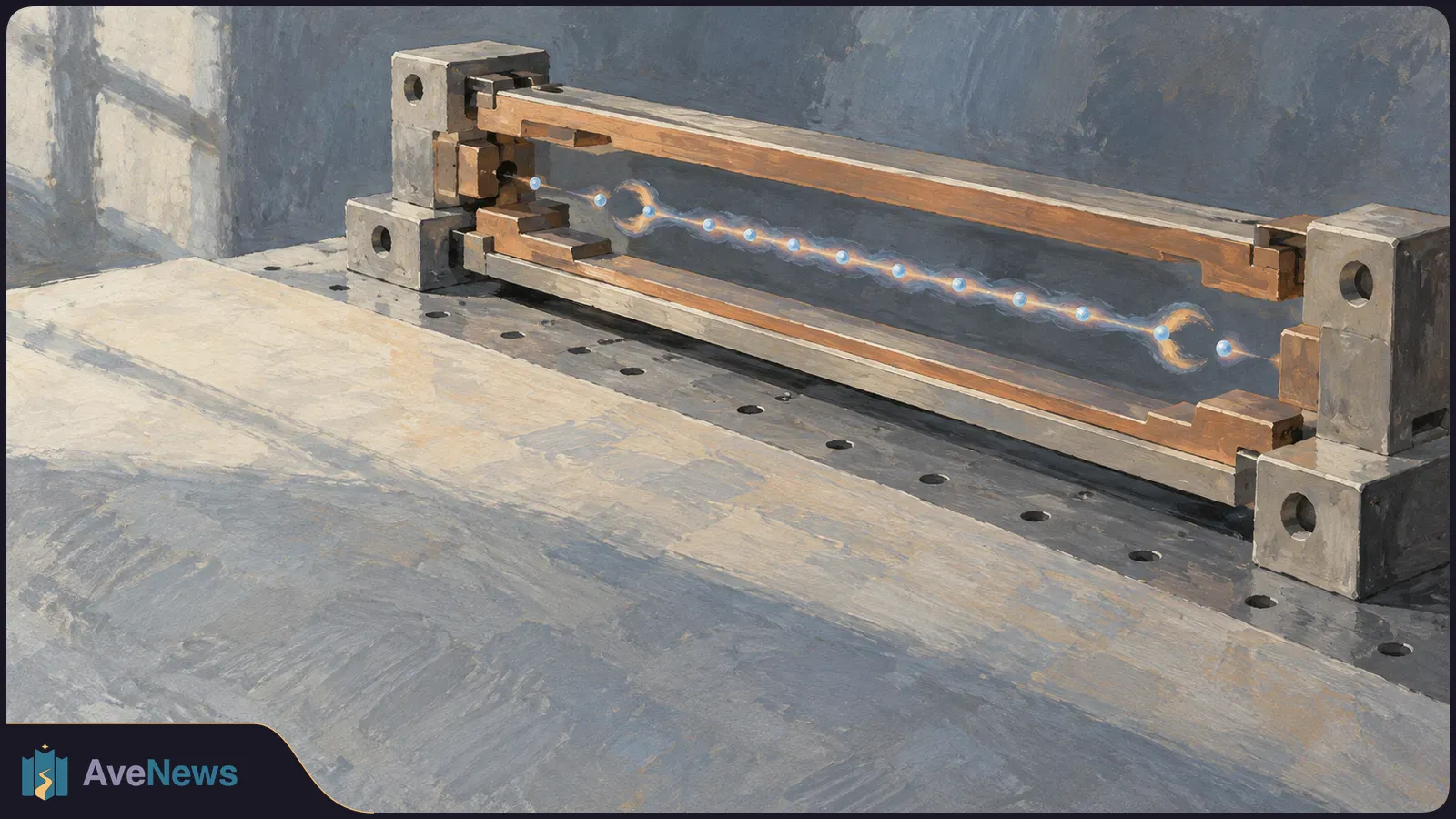 Painted illustration of a long frame between two block supports, with a glowing line of blue dots and curved breaks suspended inside it. SI illustration