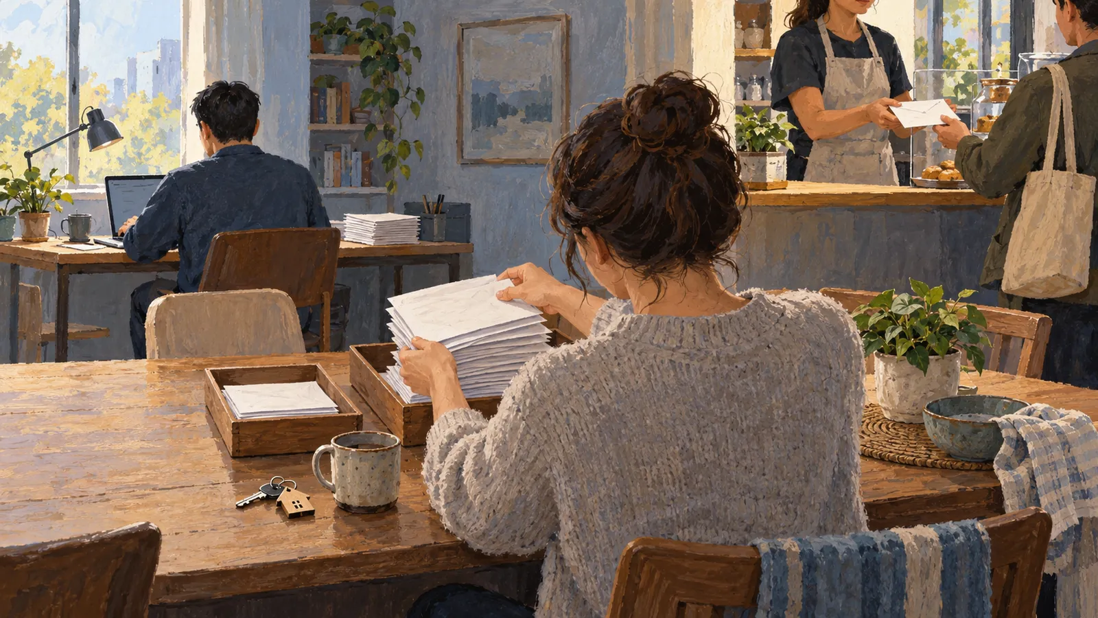 A woman sorts a stack of envelopes at a wooden table; behind her, a person works on a laptop and another hands an envelope across a counter. SI illustration