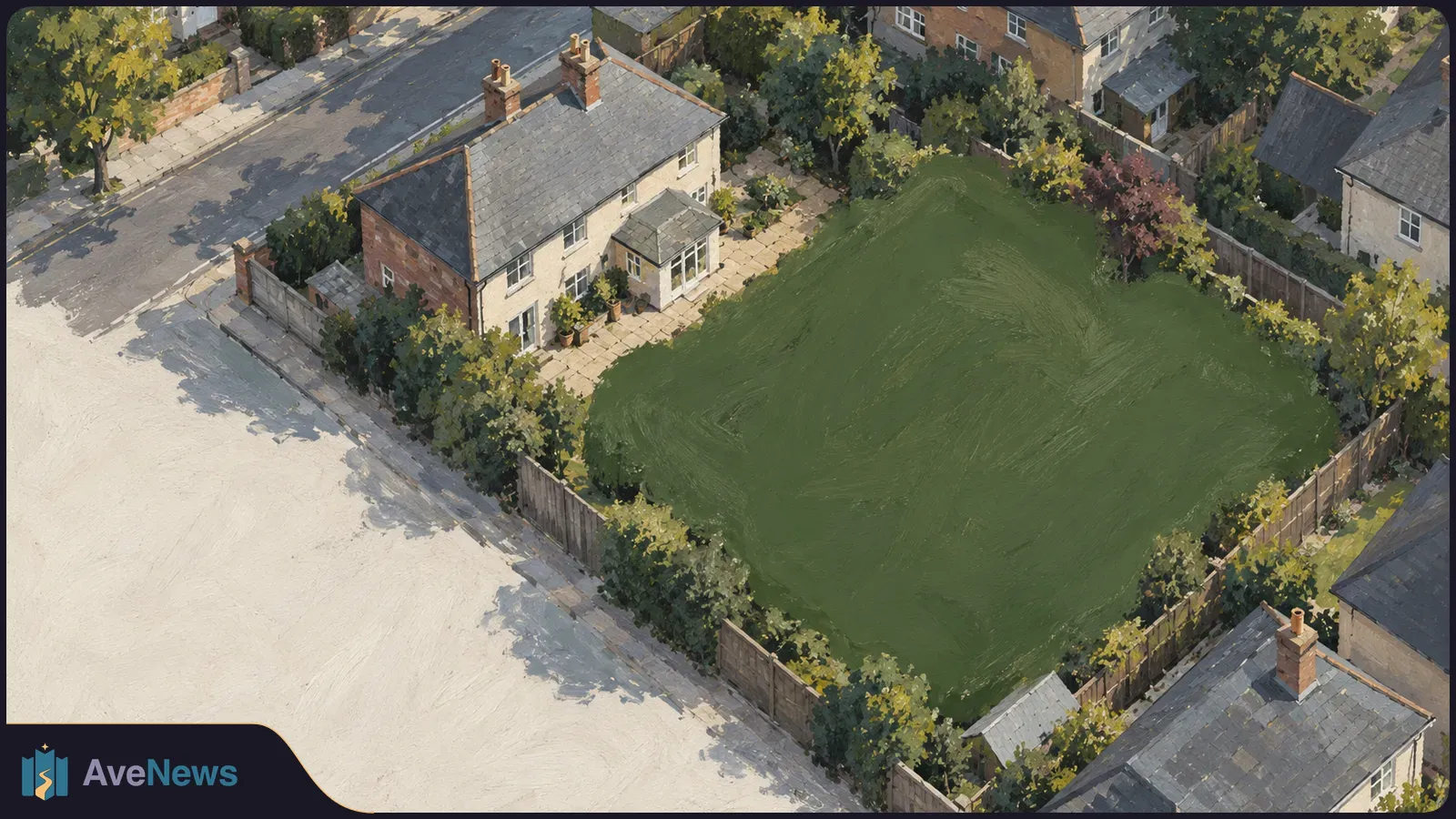 Illustrated aerial view of a house beside a large fenced green lawn, with neighboring homes, trees and streets. SI illustration
