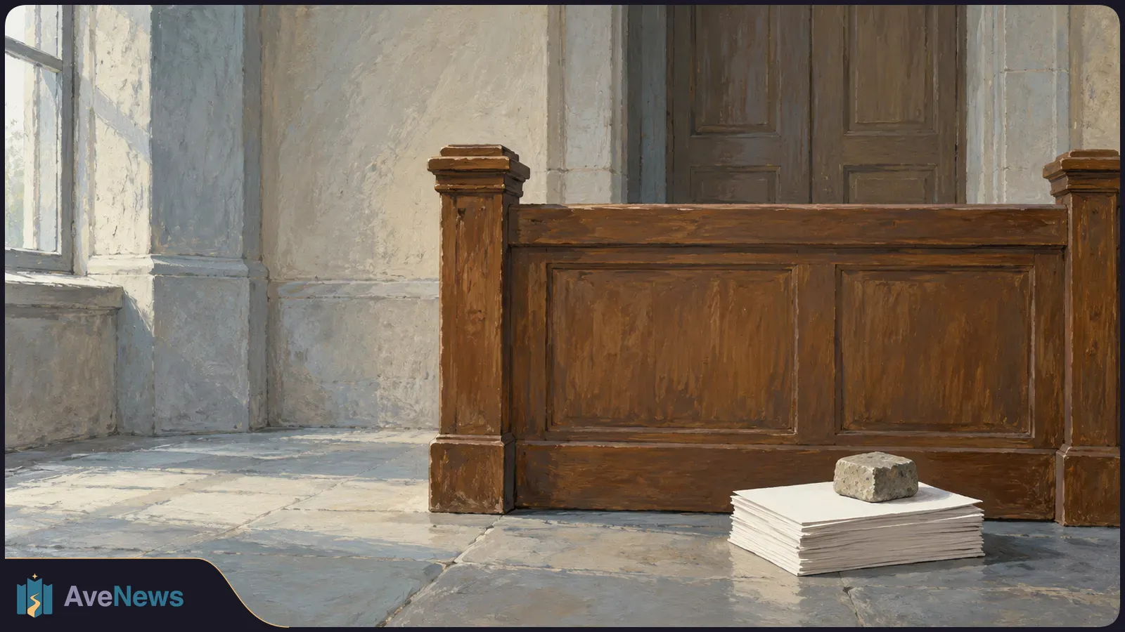 Illustration of a sunlit room with a wooden barrier and closed door; a small stone rests on a stack of white papers on the tiled floor. SI illustration