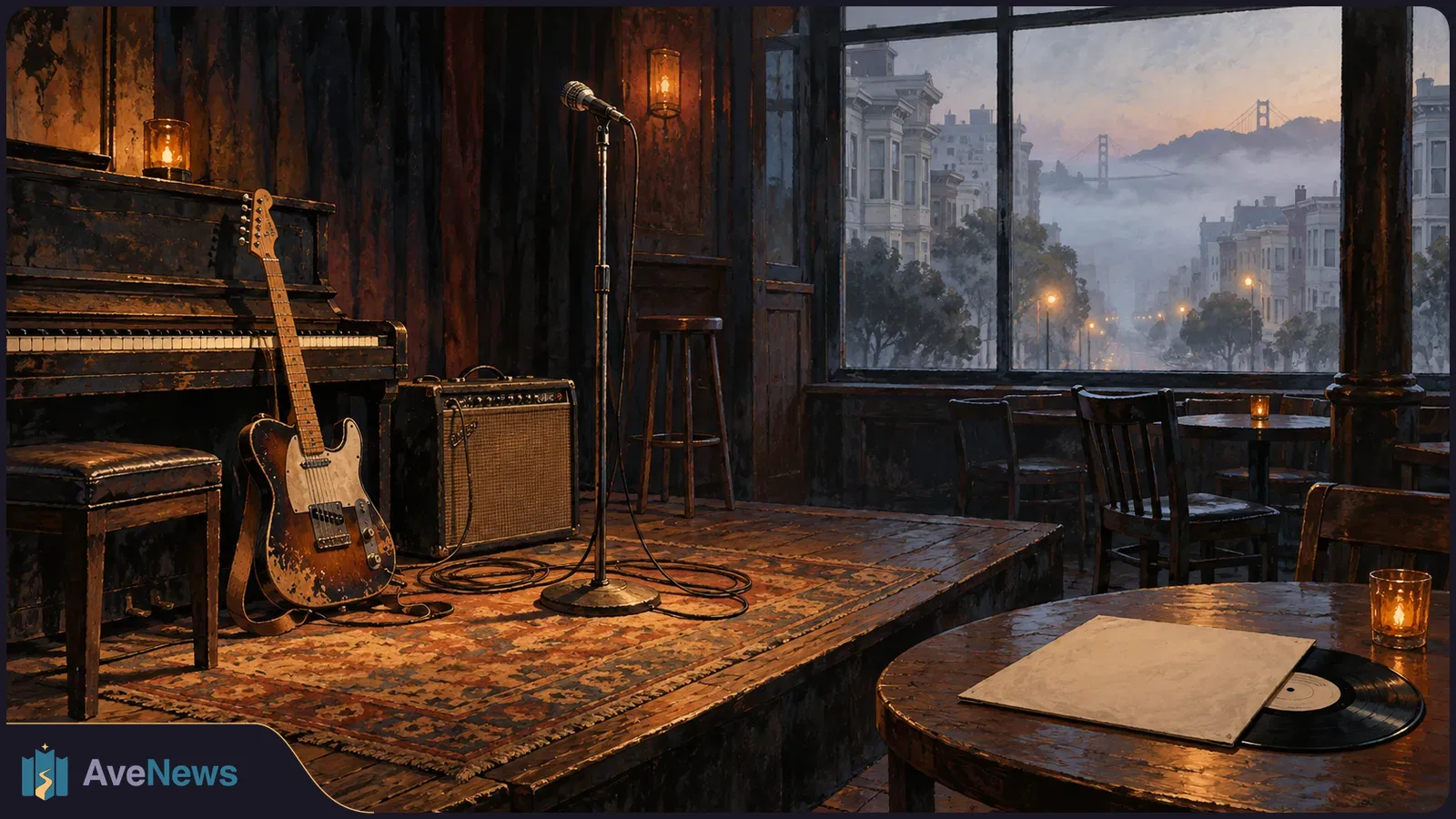Illustration of an empty bar stage with a microphone, electric guitar, piano and amplifier. A record rests on a table, with a foggy street and suspension bridge beyond the window. SI illustration