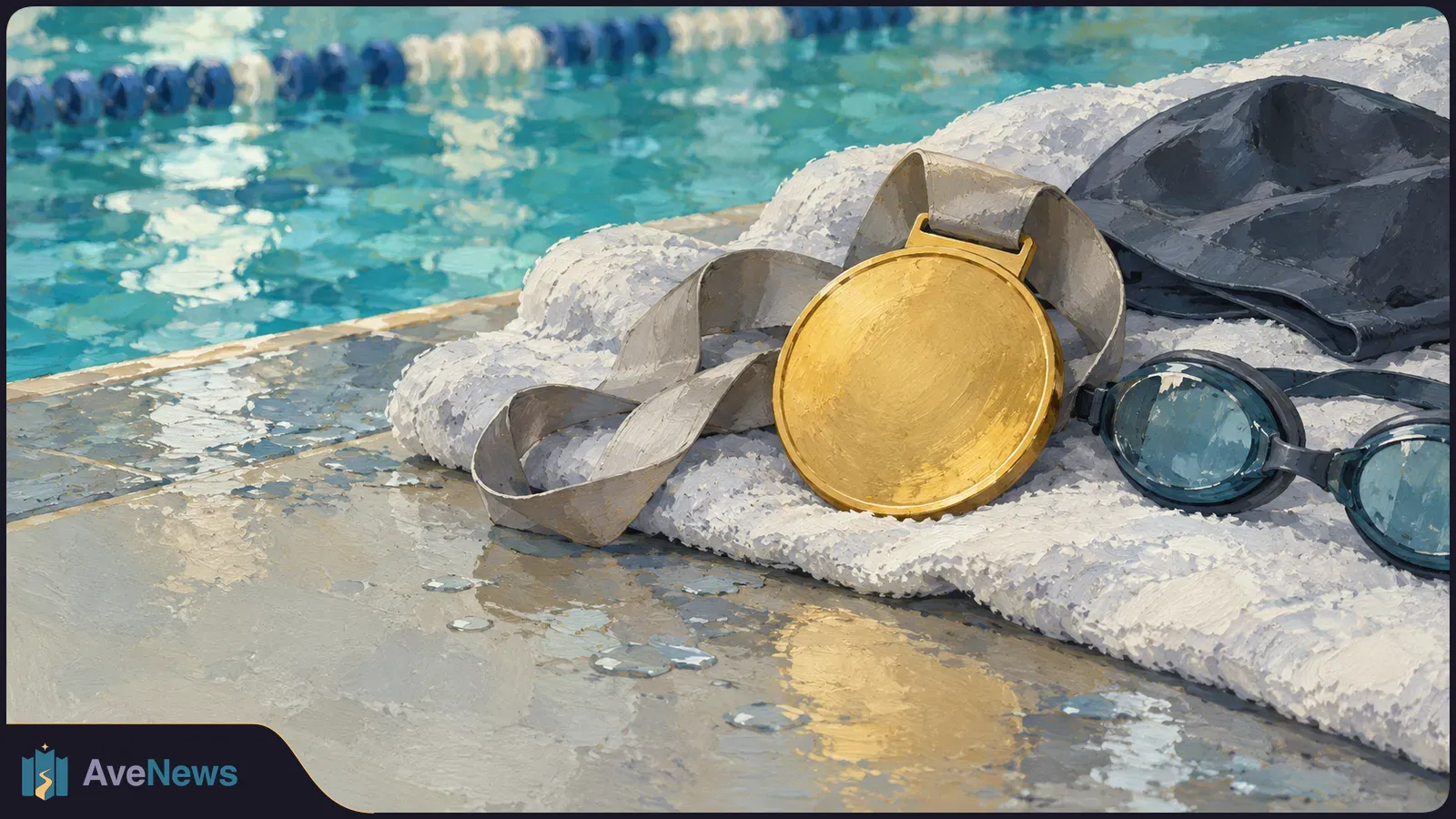 A blank gold medal, swim goggles and a dark swim cap rest on white towels beside a turquoise pool. SI illustration