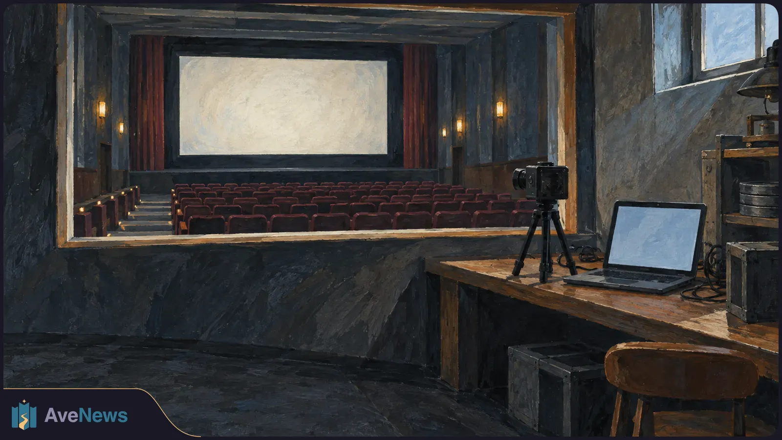 A painted view from a cinema booth: a camera on a tripod and an open laptop sit beside a window overlooking empty red seats and a blank movie screen. SI illustration