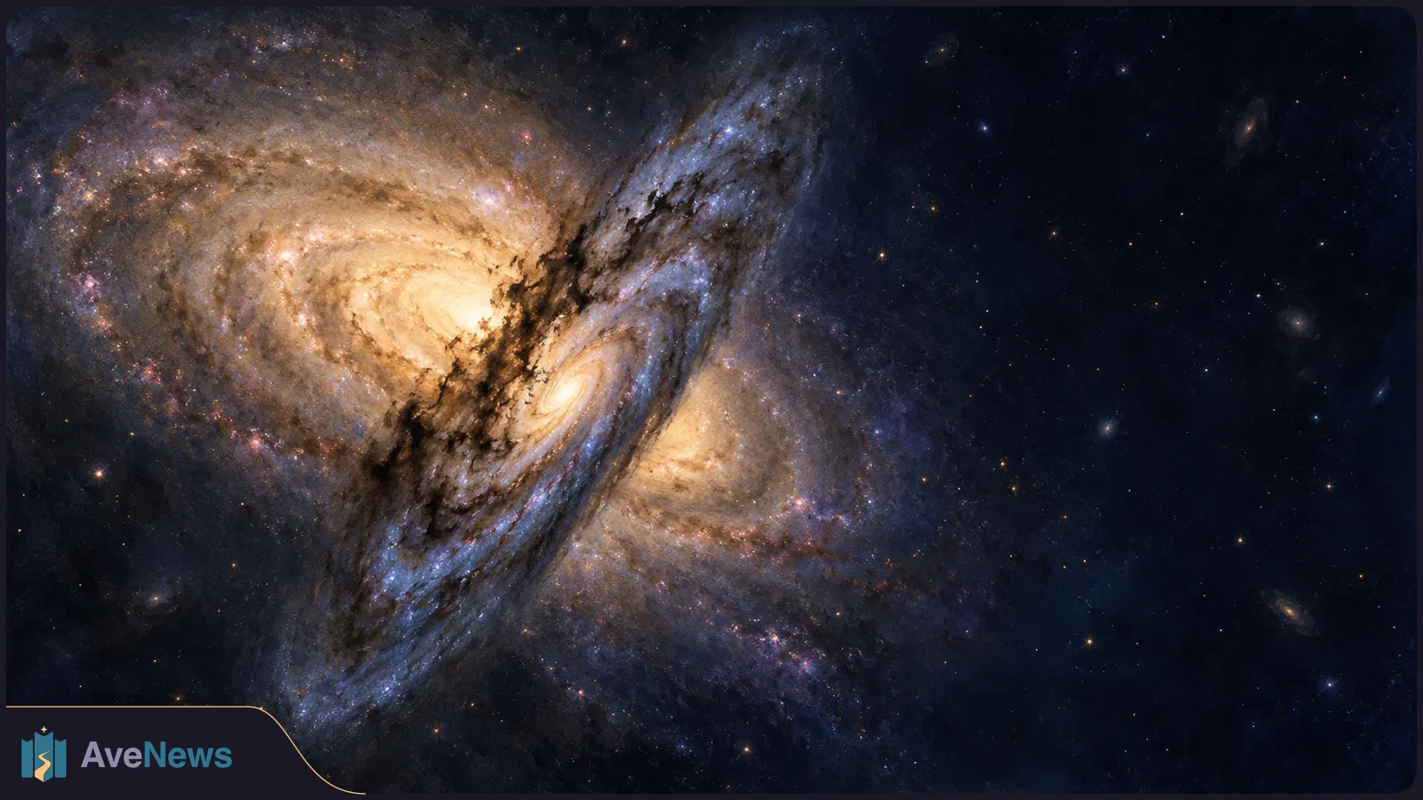 Two overlapping spiral galaxies, one golden and one blue, with dark dust bands against a star-speckled background. SI illustration