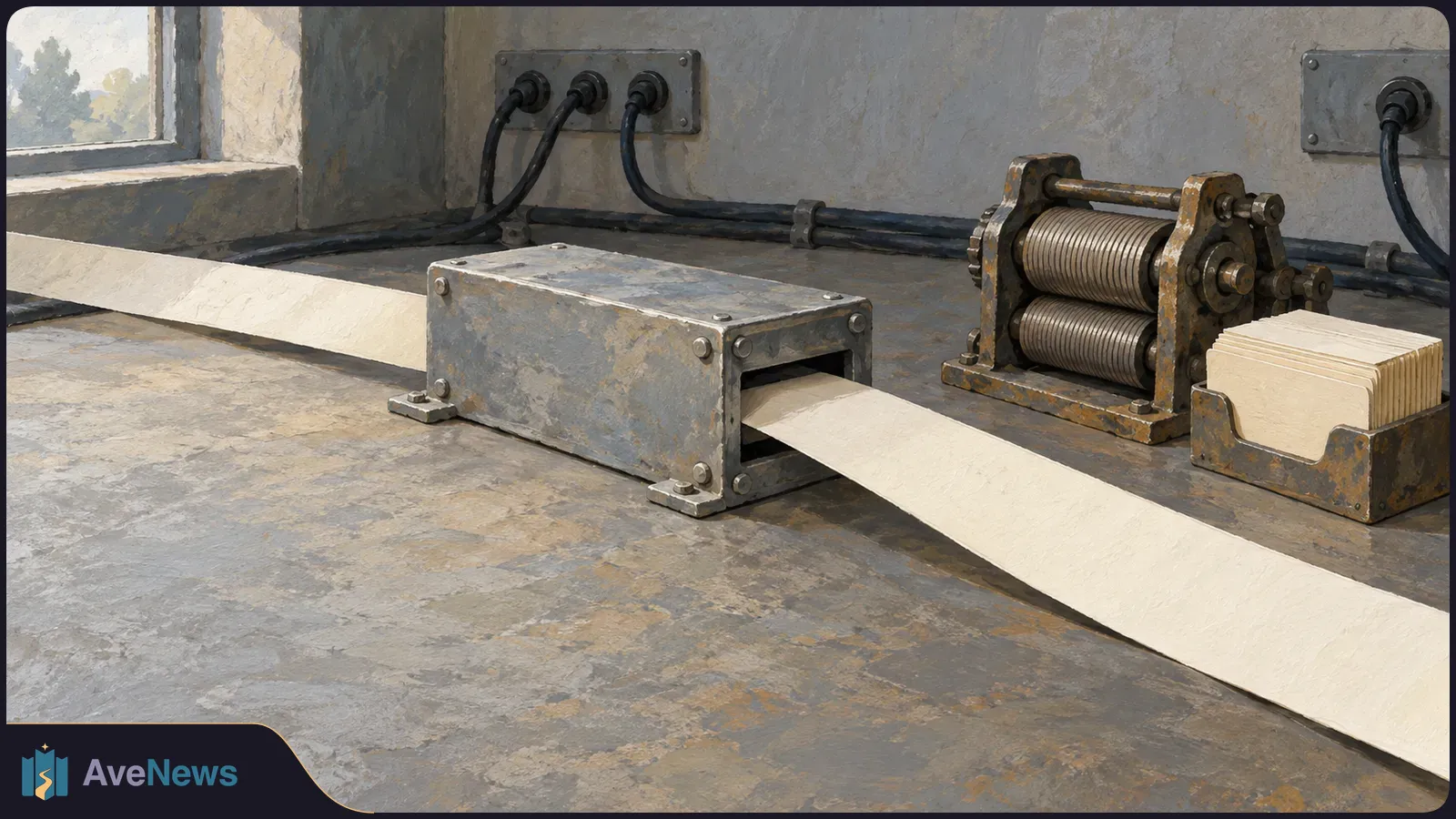 A pale paper strip passes through a metal box on a workbench, beside unused rollers and a tray of blank cards. SI illustration