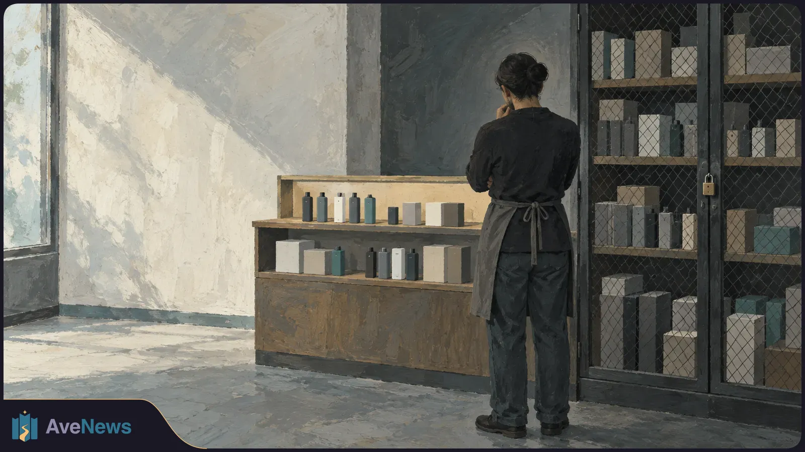 Painterly illustration of a person seen from behind beside shelves of vape devices and boxes, with a locked mesh-front cabinet on the right. SI illustration