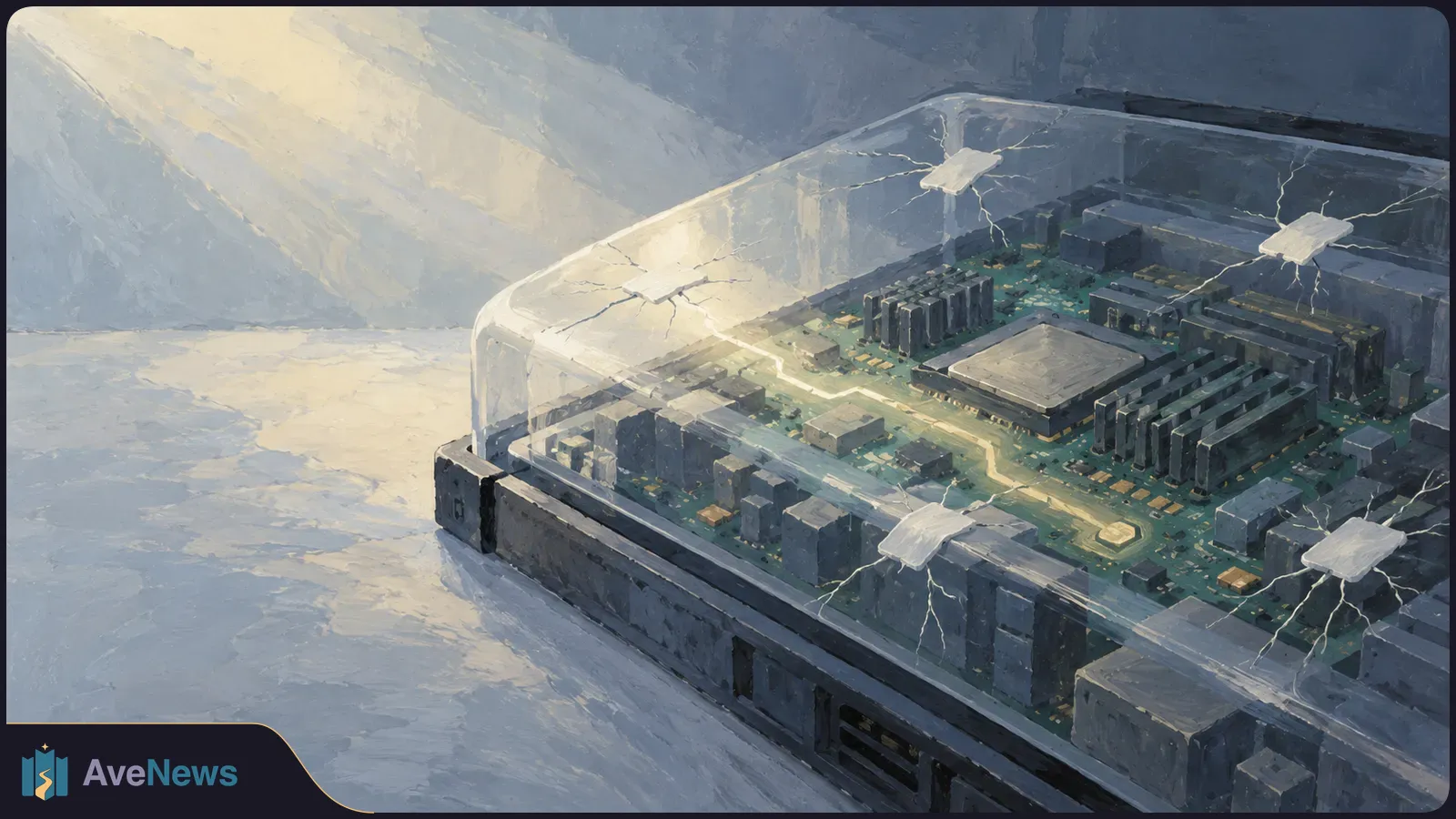 Painted view of a circuit board inside a dark device, beneath a cracked transparent cover with five pale patches. SI illustration
