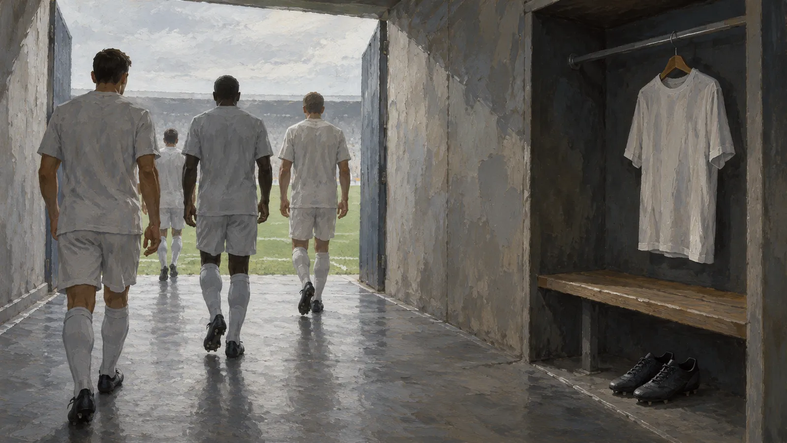 Four footballers in white walk through a tunnel toward a pitch. A white shirt hangs above a bench and black boots in an open locker. SI illustration