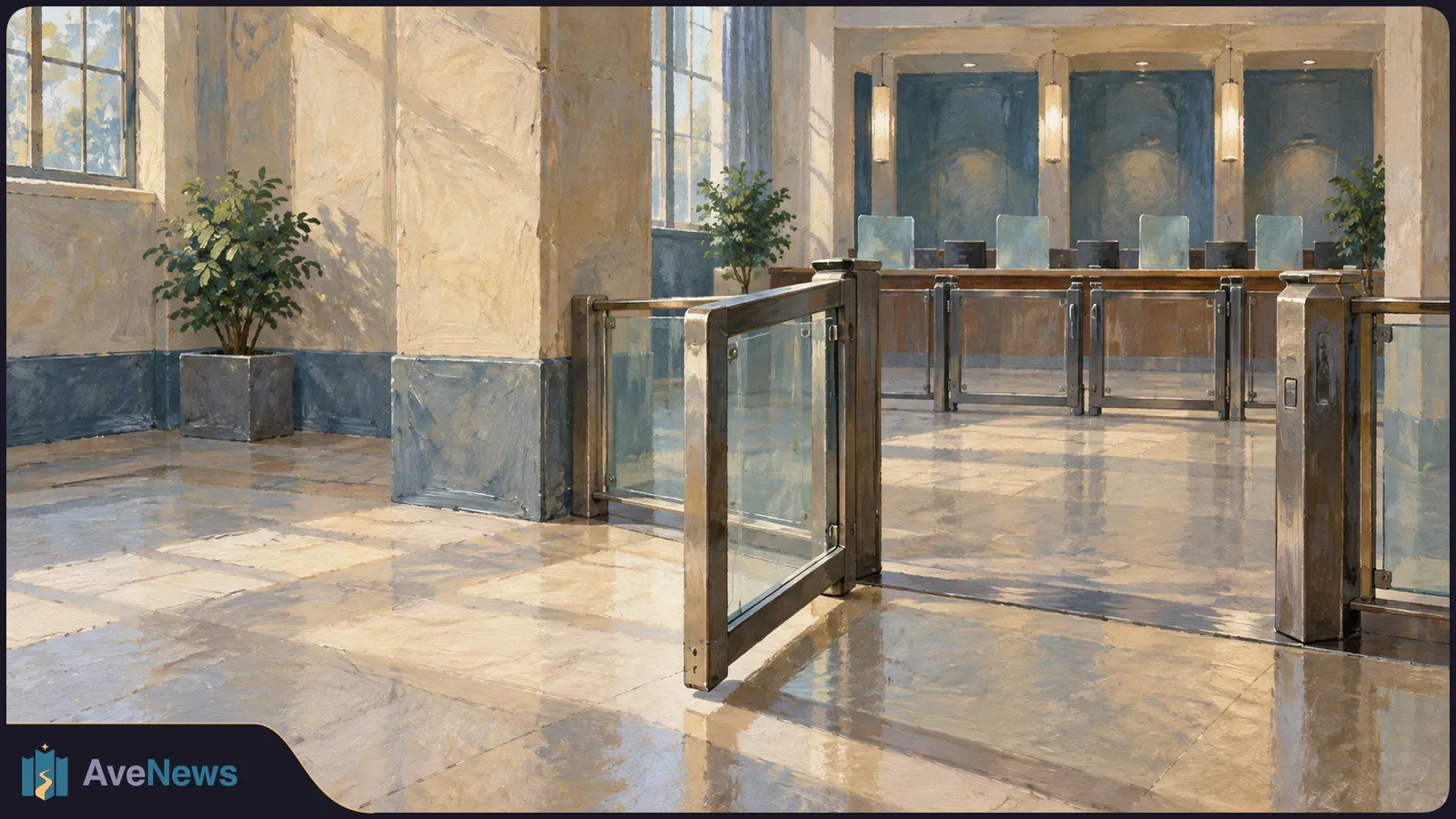 Painted view of an empty lobby with an open glass security gate, a reception counter, potted plants and sunlight across the floor. SI illustration