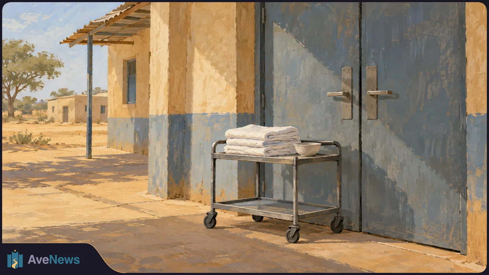 Illustration of a wheeled cart holding folded white towels and a bowl outside closed blue double doors of a tan building in a sunlit, dry landscape. SI illustration