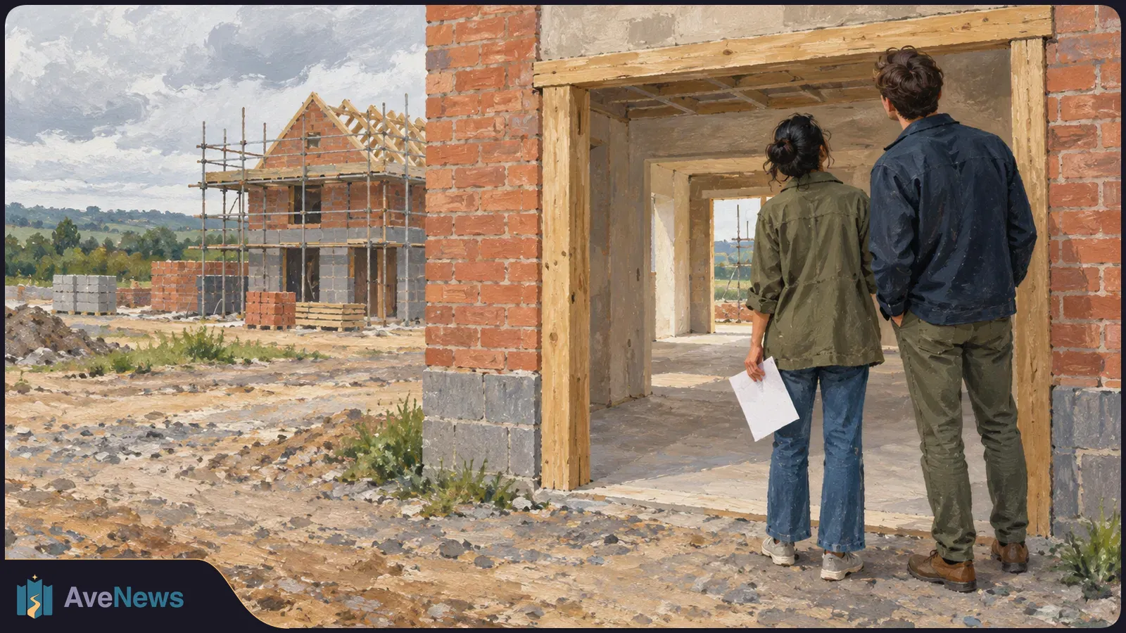Two people seen from behind stand beside an unfinished brick house; one holds a white sheet. Another house under construction and scaffolding are visible nearby. SI illustration