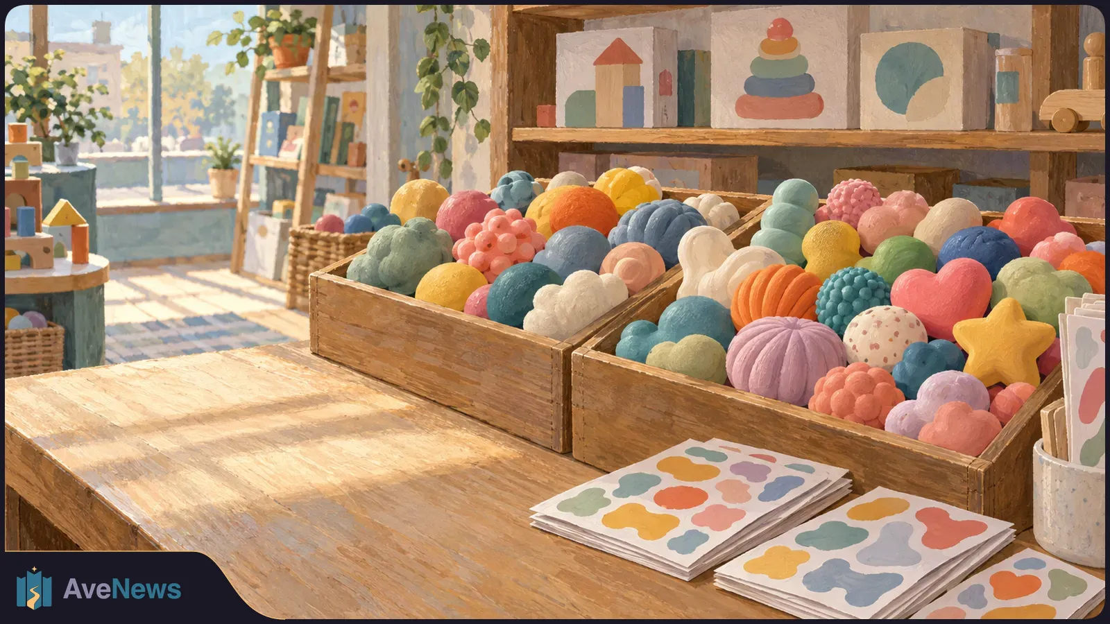 Painted toy shop scene with wooden trays of colorful soft toys in assorted shapes, patterned cards on a counter, and shelves by a sunlit window. SI illustration
