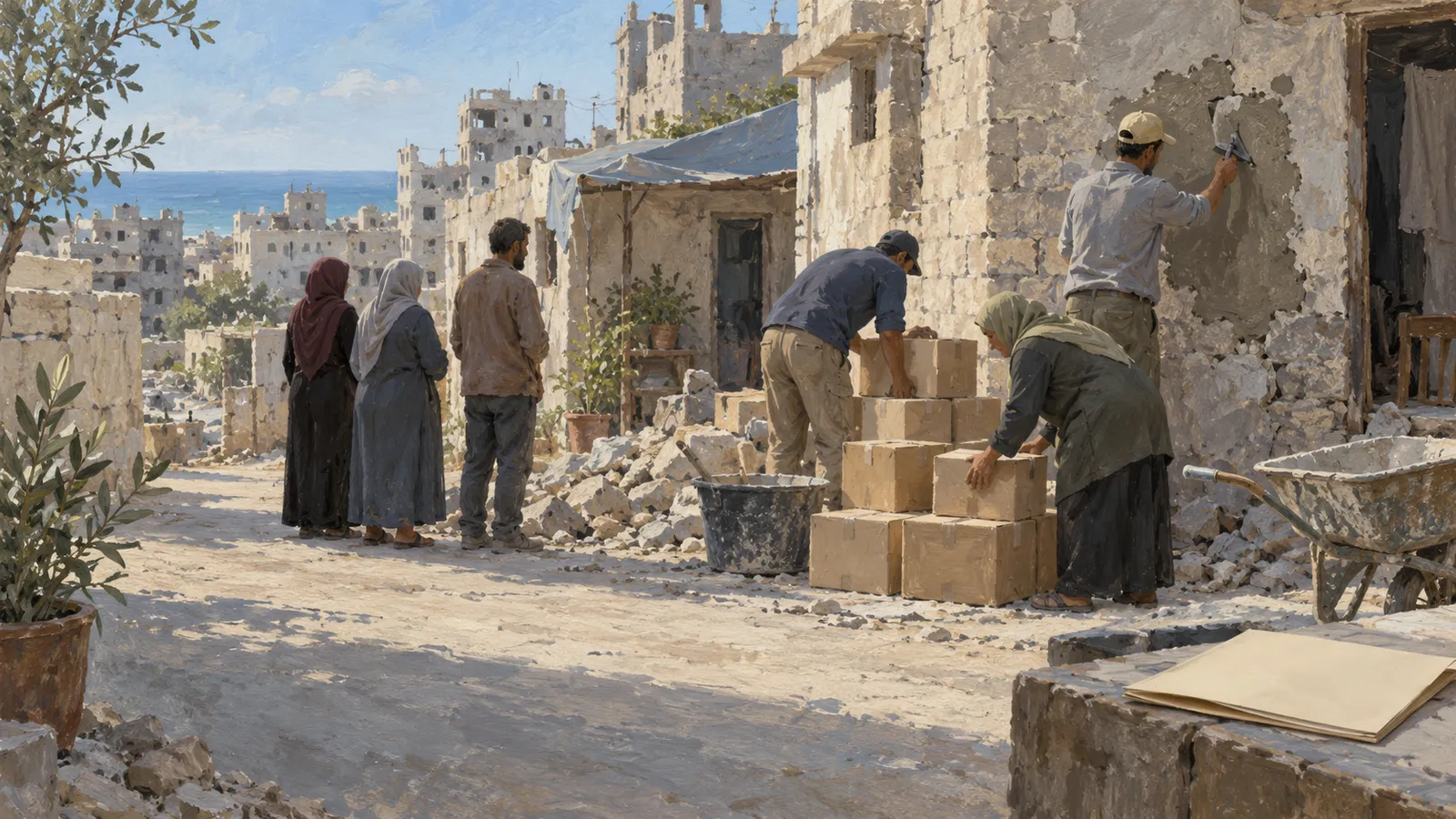 An illustration shows people stacking boxes and plastering a damaged stone building, while three others stand nearby; rubble and a coastal city fill the background. SI illustration