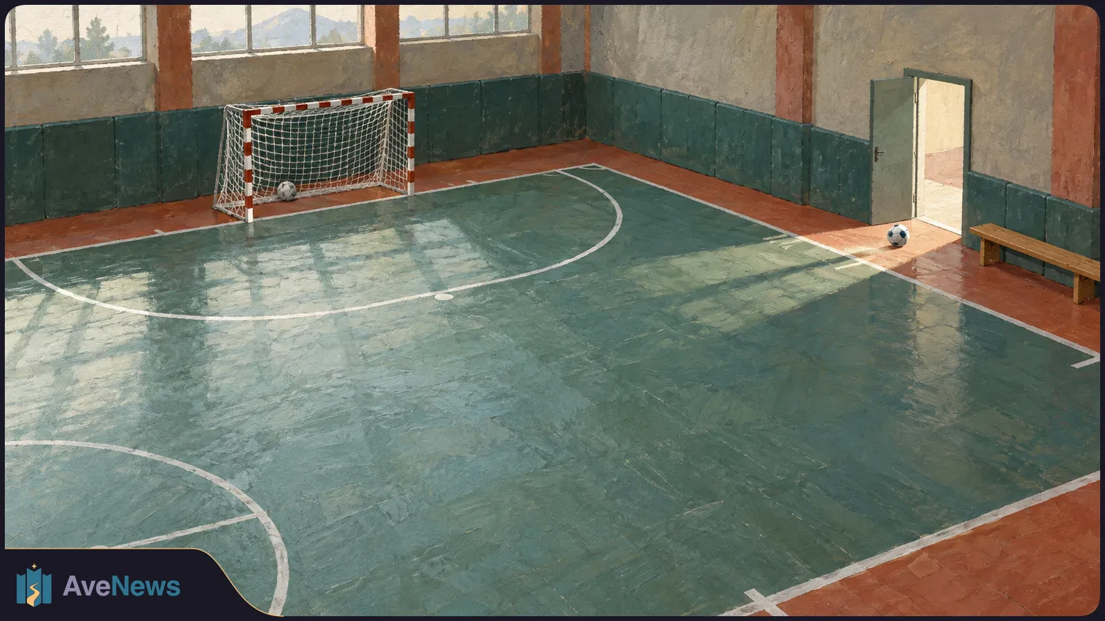 Illustration of an empty indoor futsal court with a netted goal, two balls, an open door and a bench. SI illustration