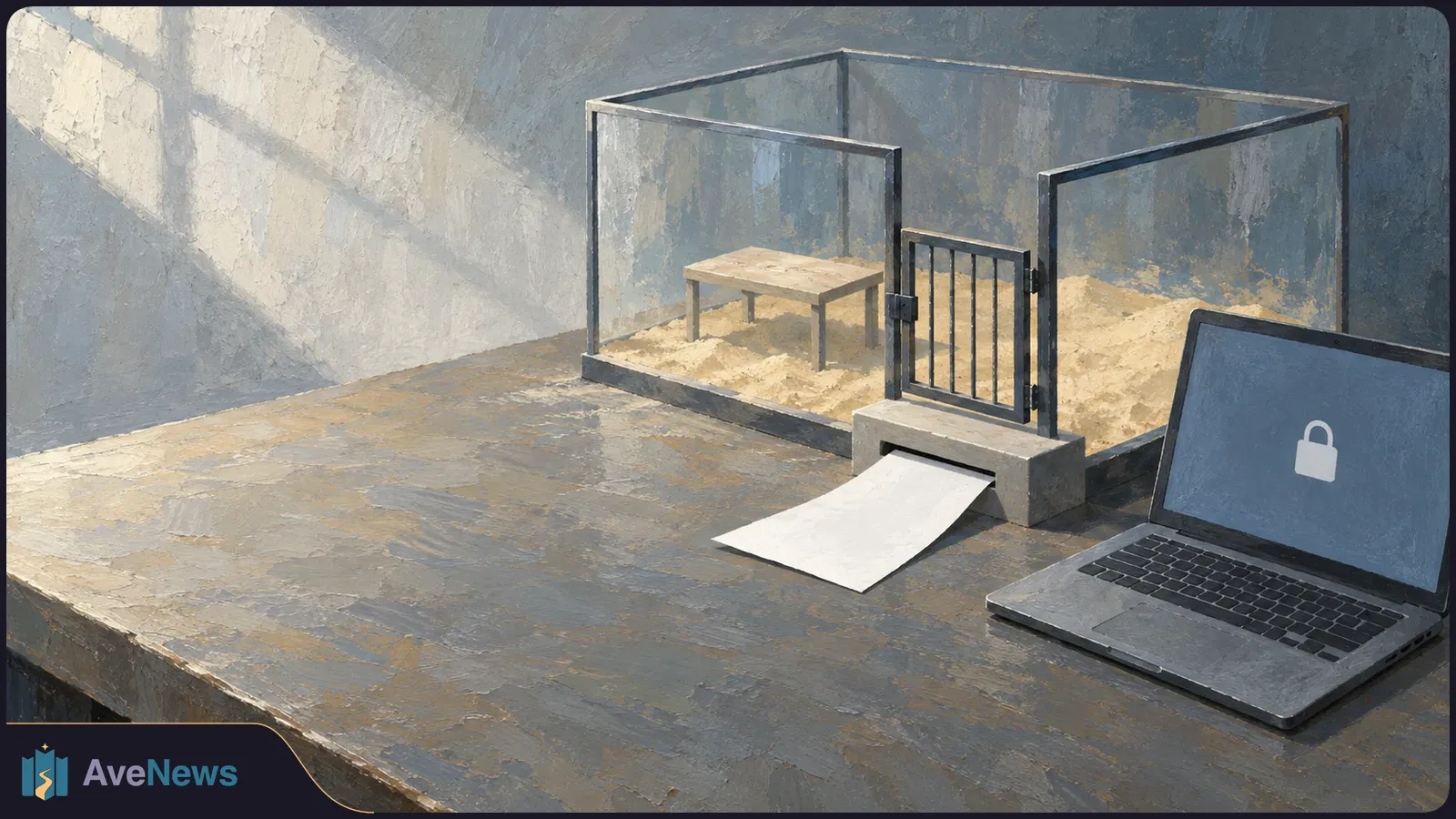 A painted laptop with a white padlock on its screen sits beside a sand-filled glass enclosure with a barred gate. A blank sheet extends from a slot at its base. SI illustration
