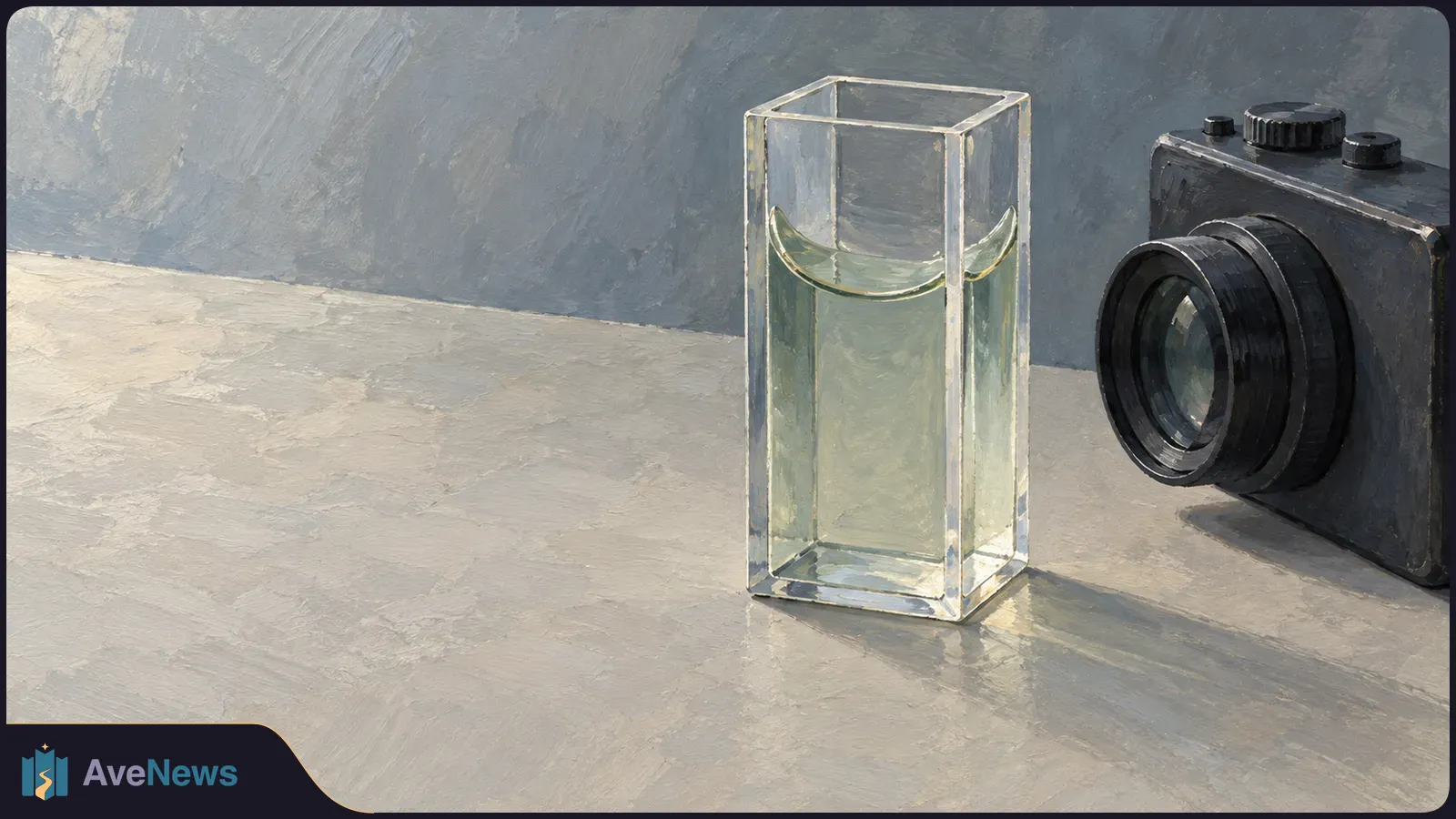 Painted illustration of a clear rectangular vessel holding pale liquid with a curved surface, beside a black camera on a tabletop. SI illustration