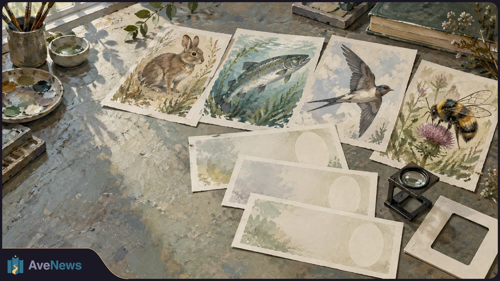 On an artist’s table, paintings of a rabbit, fish, swallow and bee lie beside blank banknote-shaped sheets, brushes and a magnifier. SI illustration
